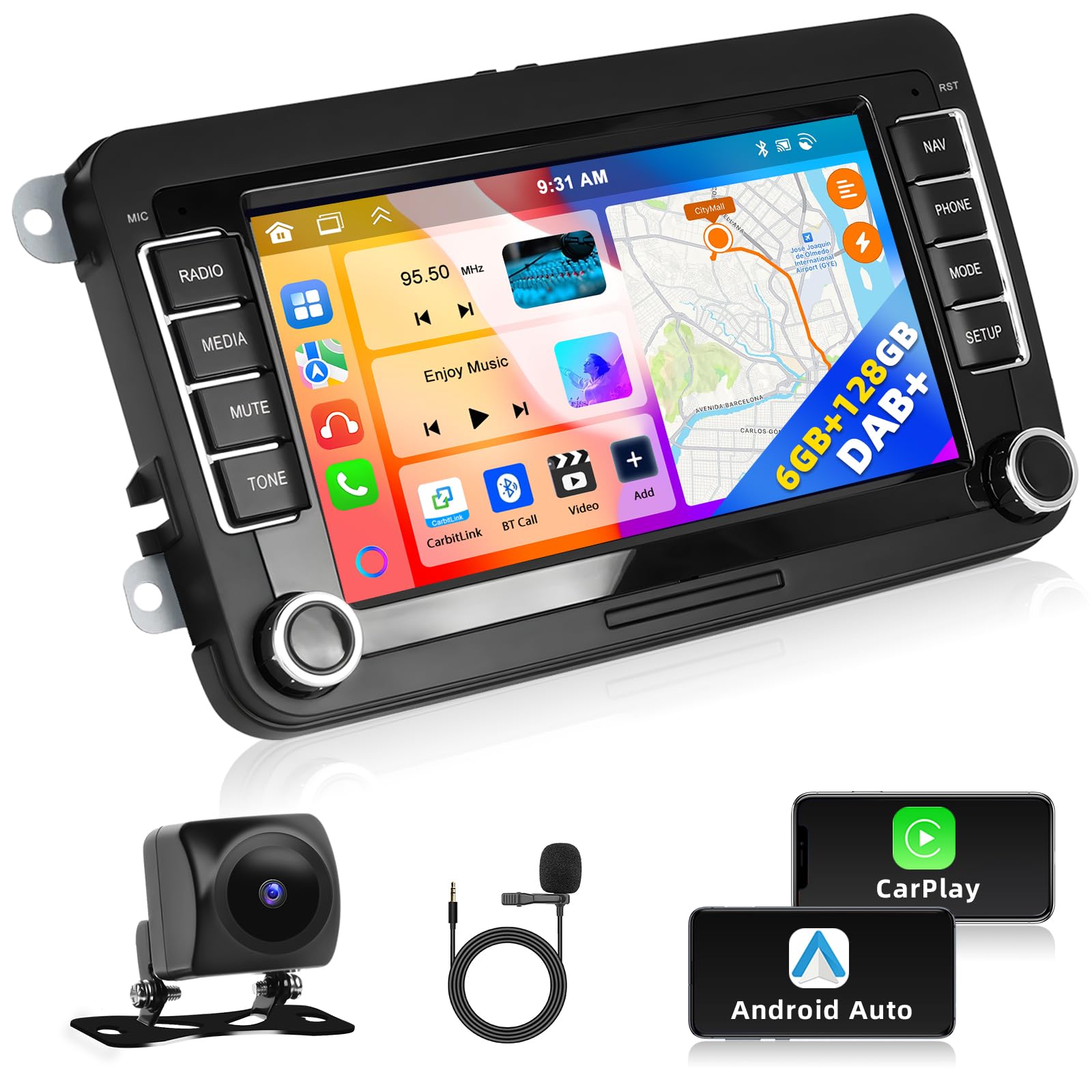 6+128G Motorsi Radio samochodowe do VW Golf 5 Tiguan Touran Passat Polo Skoda Caddy Seat z bezprzewodowym siedzeniem Carplay Android Auto 7" ekran dotykowy Navi/WiFi/FM/RDS/SWC/Canbus/Bluetooth/EQ+