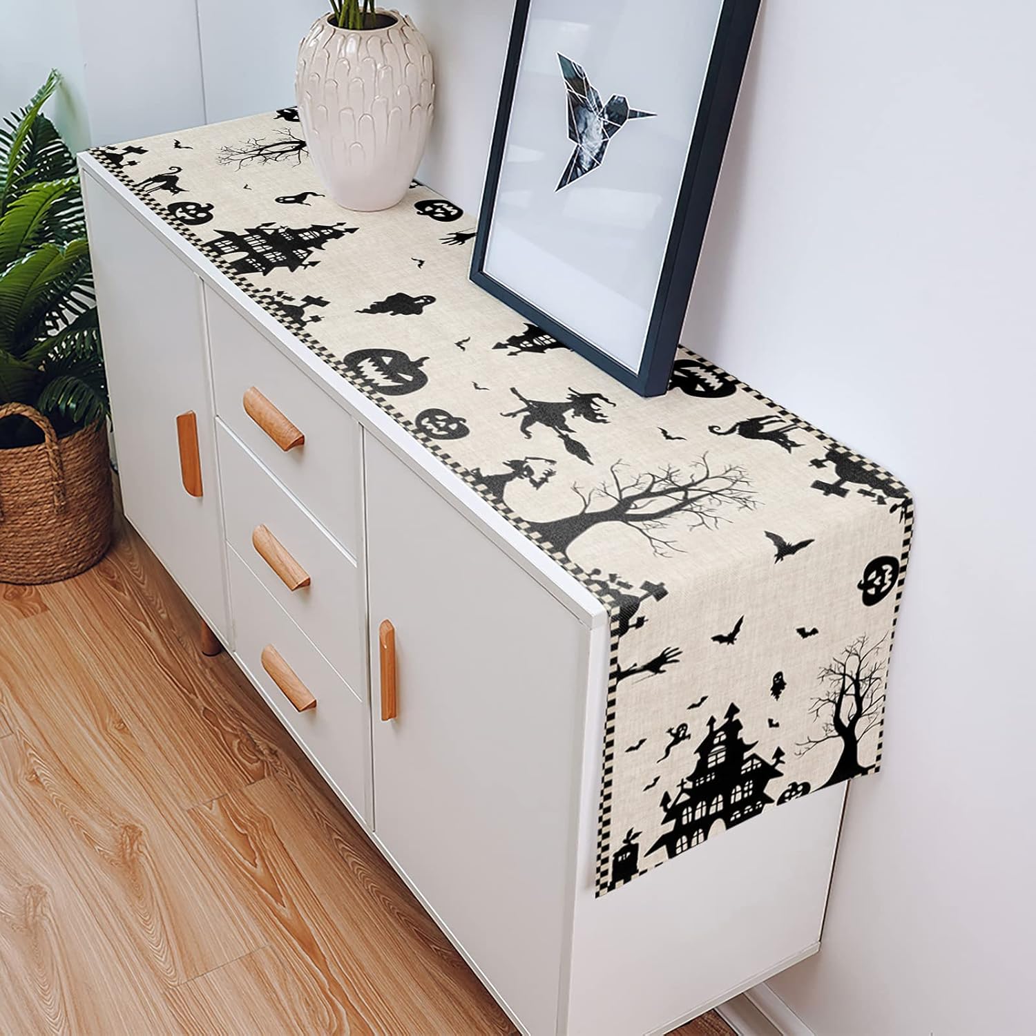 Libaoge Halloween Table Runner 90 inches Long for Kitchen Dining Table Haunted House Ghost Bats Black Plaid Burlap Coffee Table Runners for Family Dinner,Parties,Holiday Gathering 13x90inch : Home & Kitchen