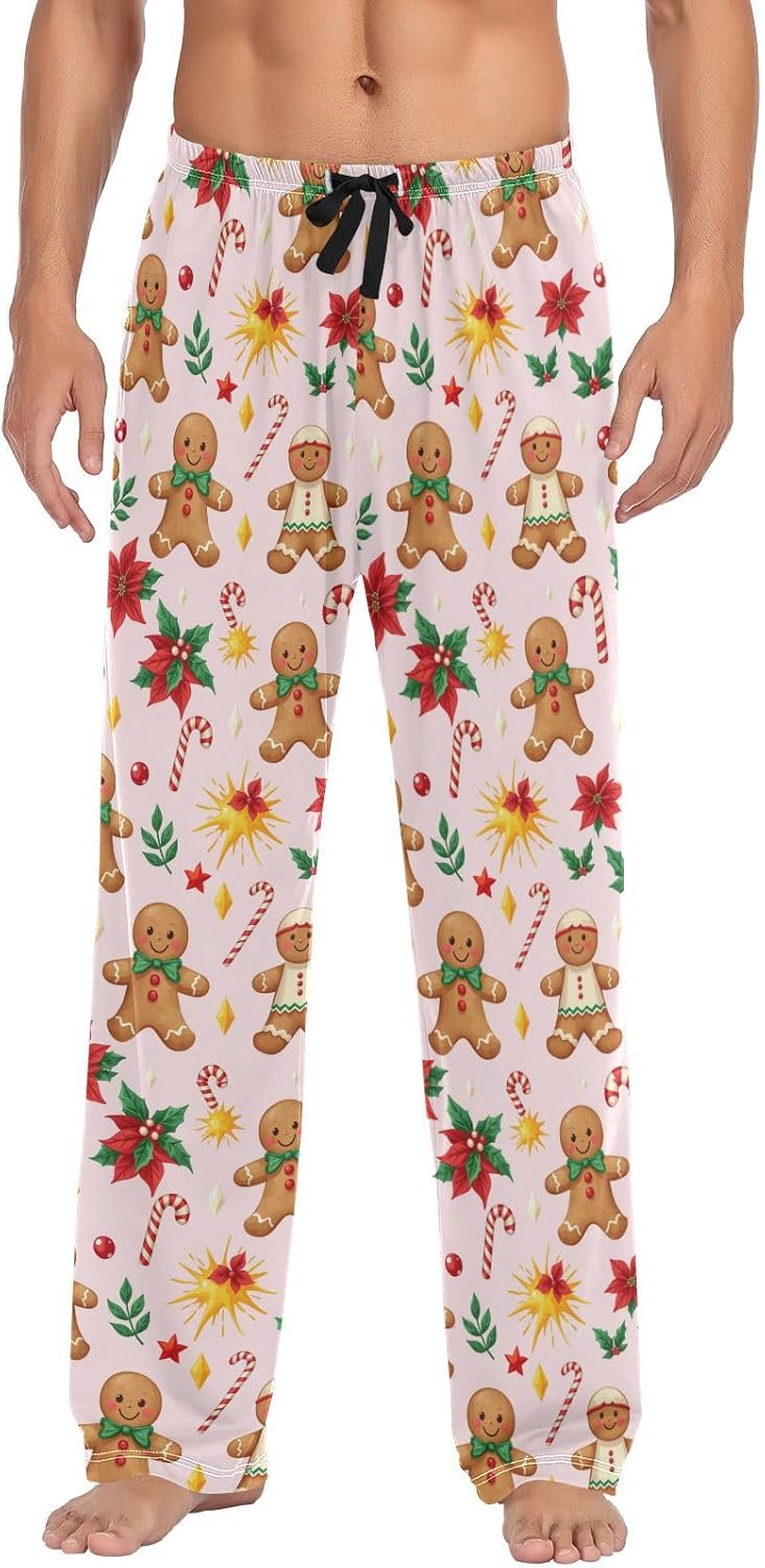 Pfrewn Men's Merry Christmas Pink Gingerbread Pajama Pants Super Soft Christmas Winter Lounge Pajama Bottoms with Pockets,XL