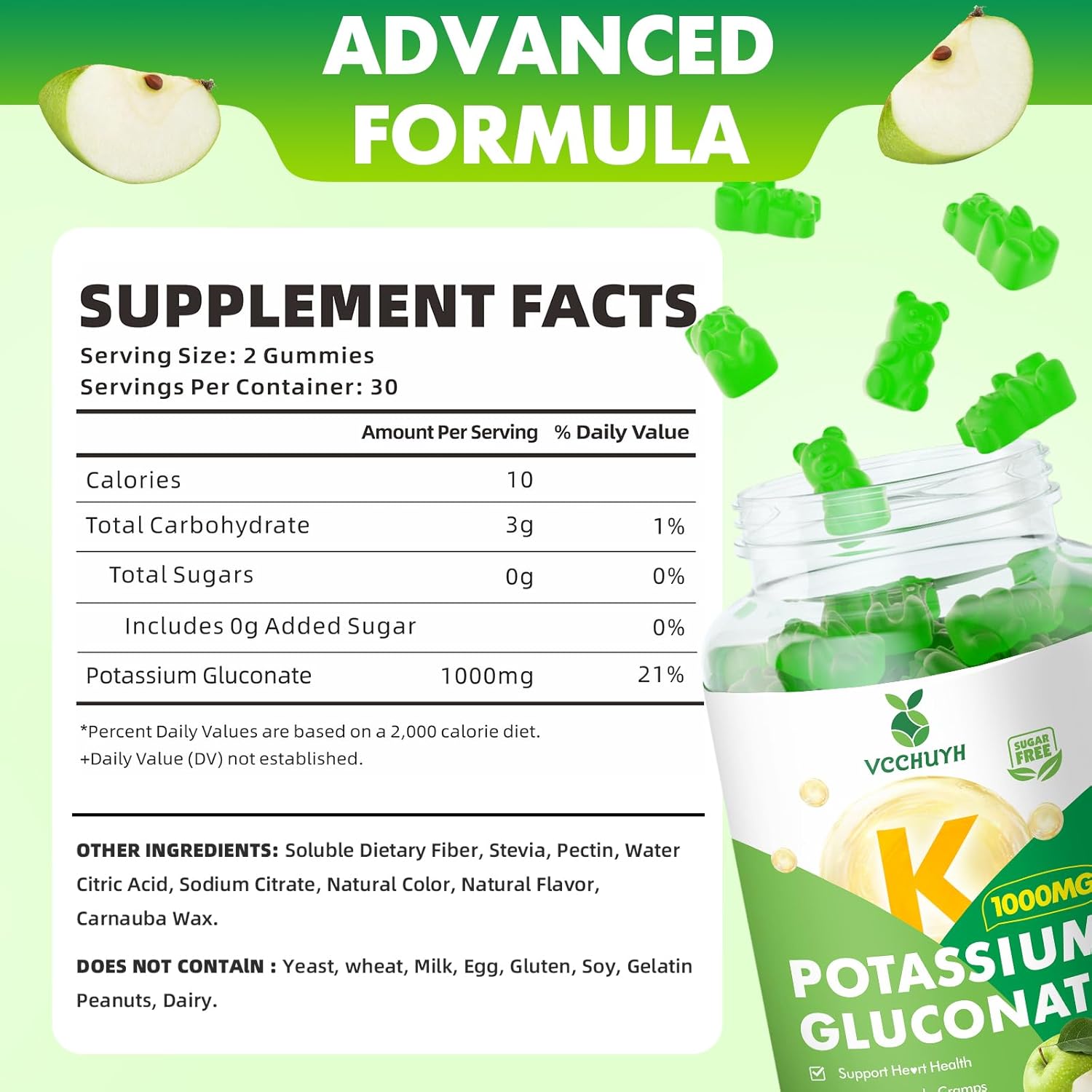 Potassium Gummies 1000mg for Adults & Kids, High Dose Potassium Gluconate Supplement Potassium Gluconate Gummies Support Muscle Cramps Electrolyte Balance, Apple Flavor 120 Count - Image 2