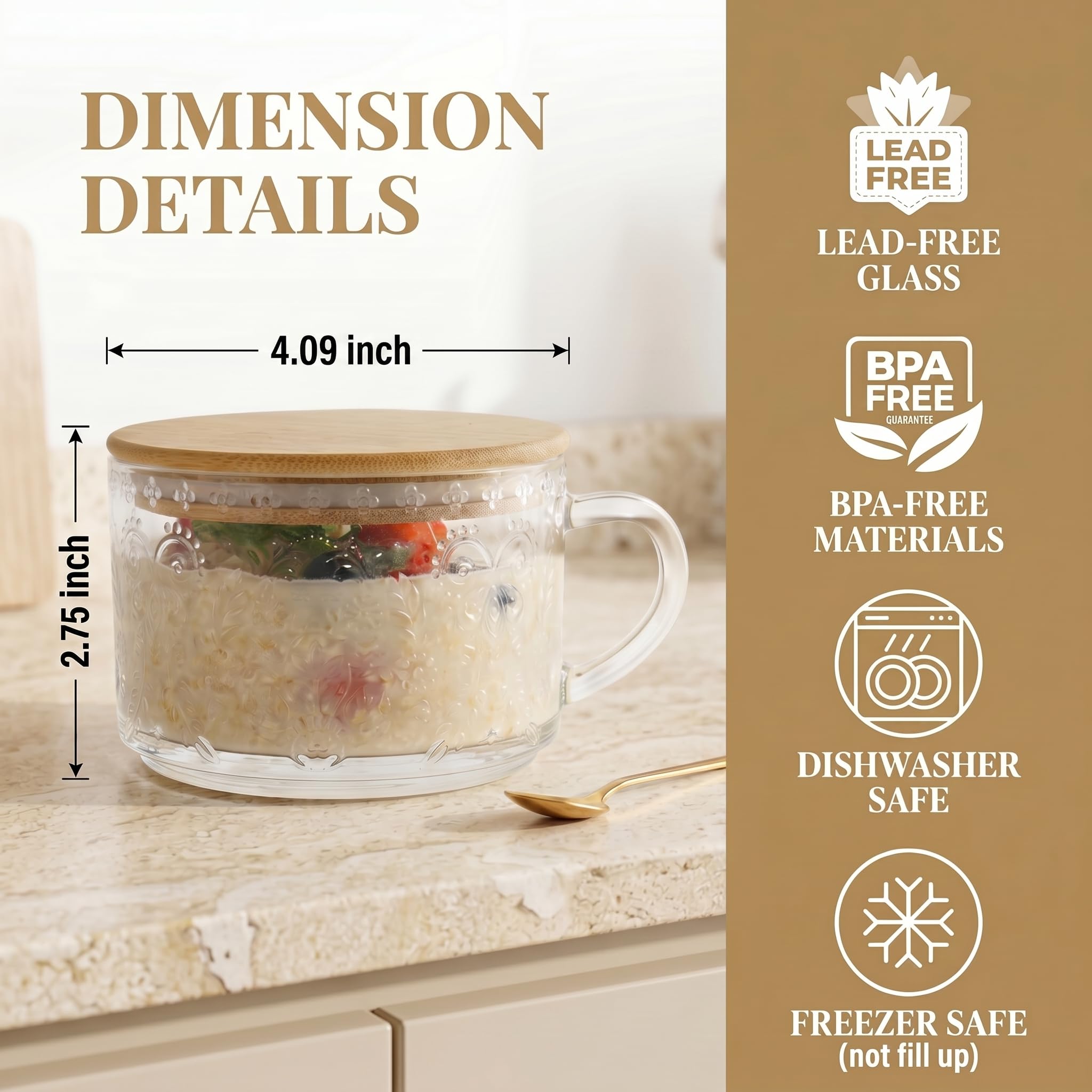 YORY Overnight Oats - Recipientes de avena con tapas de bambú y cuchara, tazas de café y té, tazas de vidrio de 14 onzas, regalos para el hogar, paquete de 4