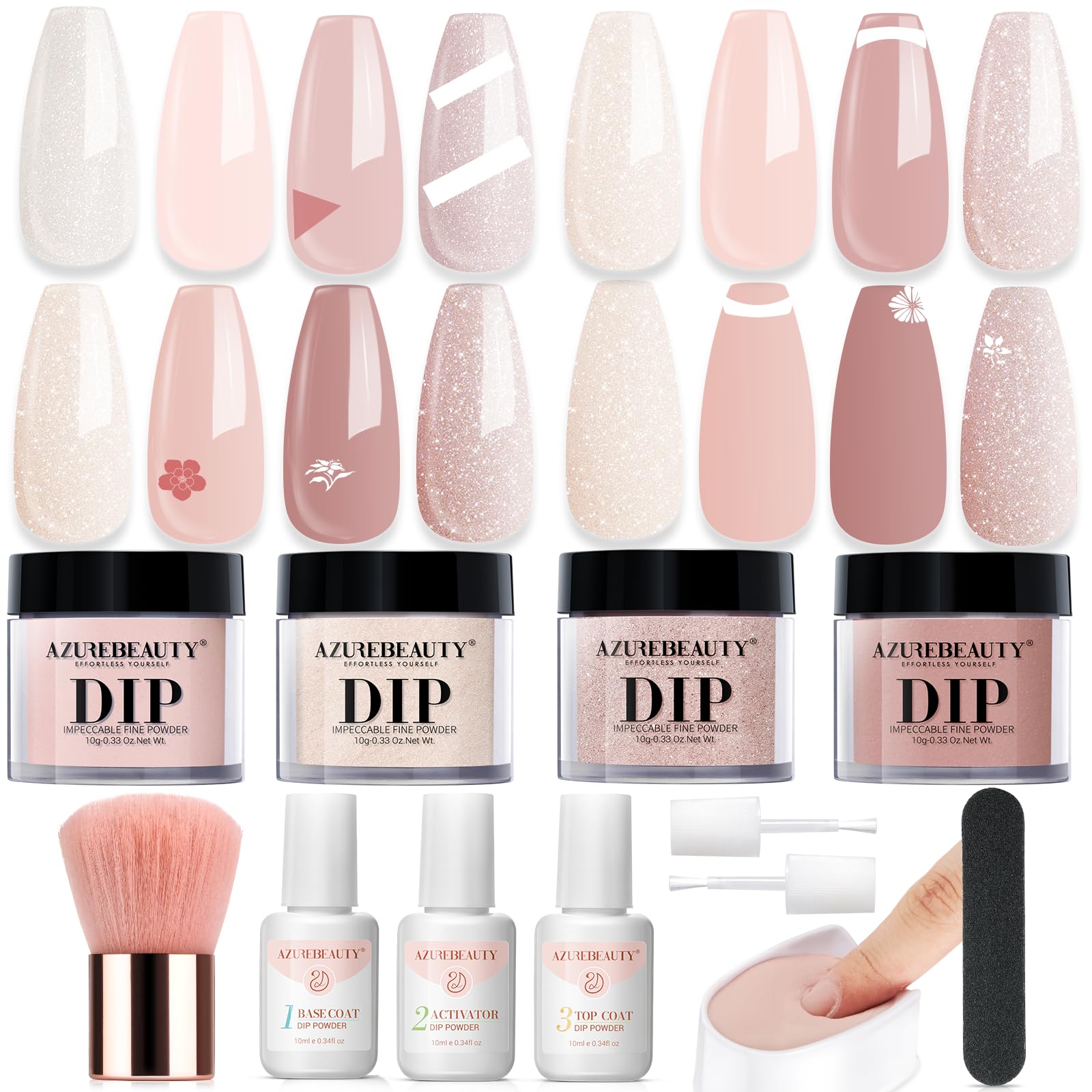 AZUREBEAUTY Dip Powder Nail Kit, 4 Colors Dipping Powder Nude Skin Glitter System Liquid Set Recycling Tray, French Nail Art Base & Top Coat Activator DIY Salon.
