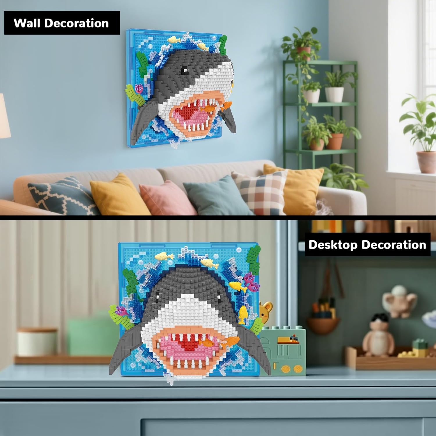 Shark micro block art displayed on a wall and on a desktop