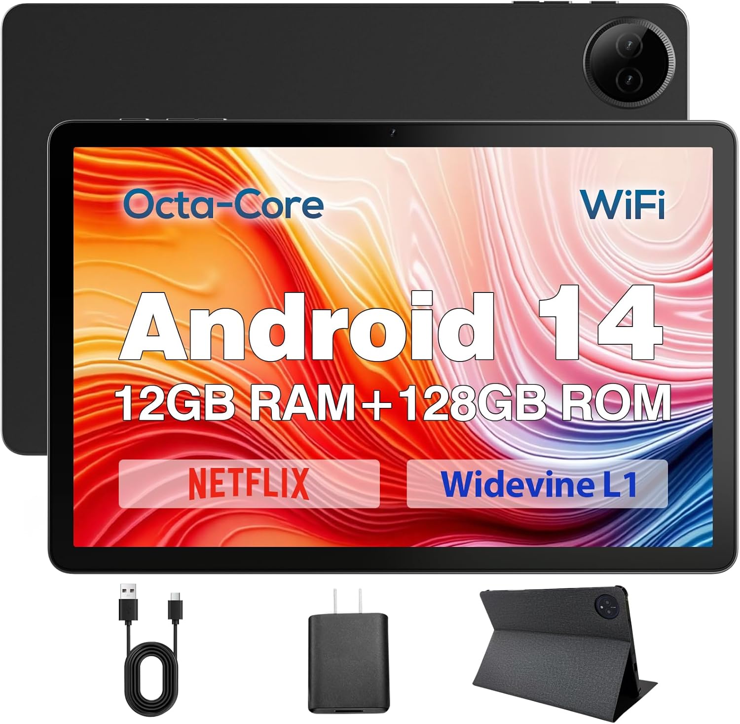 ముందు మరియు వెనుక view డిజిలాండ్ టాబ్లెట్ యొక్క, షోక్asing దాని స్క్రీన్ మరియు వెనుక కెమెరా మాడ్యూల్.