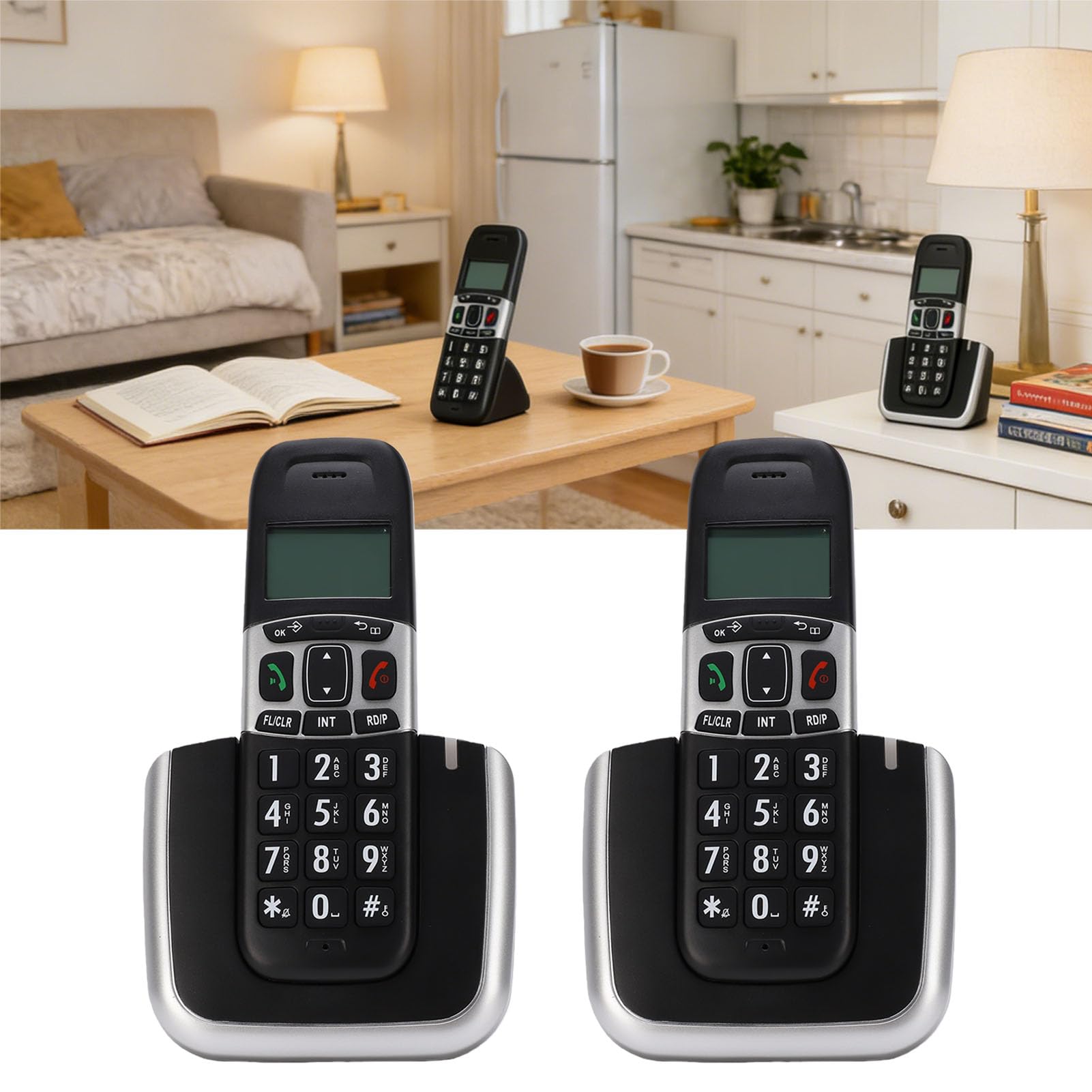 Luqeeg Telefono Cordless con Vivavoce DECT 6.0 Full Duplex, Telefono Cordless a 2 Ricevitori con Blocco Chiamate, per Casa (Spina europea)