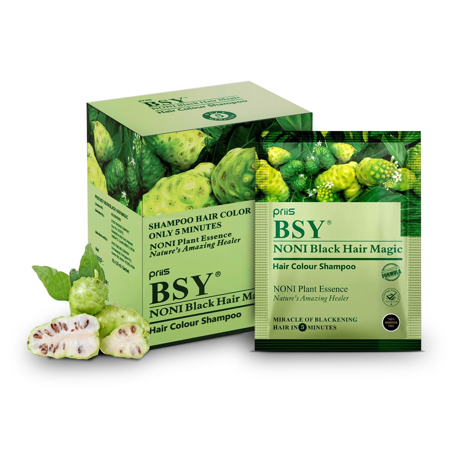 BSY Noni Black Hair Magic Hair color shampoo (20ml x 10 Sachets)| Ammonia Free Hair Colour for men|Natural Black Permanent Hair Dye Shampoo for women| Noni Fruit Hair Dye| 5 Minutes Hair Colour