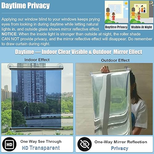 Miniatura 3 de Persianas enrollables de espejo unidireccional con bloqueo solar, persianas enrollables visibles transparentes para interiores diurnas con ventosas,