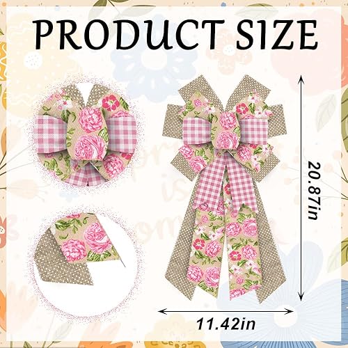 Miniatura 2 de Arcos grandes de corona de primavera, rosas rosas, flores, arcos de arpillera para corona, lazos de cinta marrón a cuadros rosa y blanco, lazos de