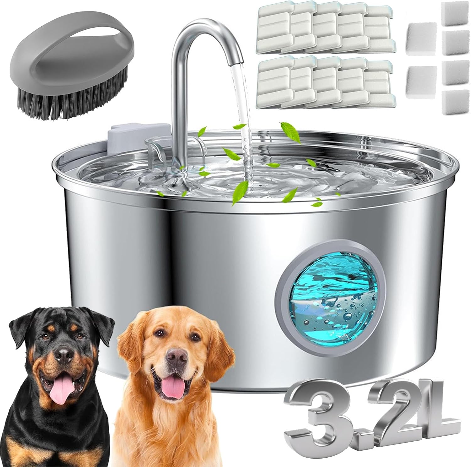 Dog Water Fountain, 3.2L/7L Filtered Water Fountain, Super Quiet Stainless Steel Dog Fountain Water Bowl for Large Dog Cats & Small Animals (Silver, 7L-with 10 Filter Element)
