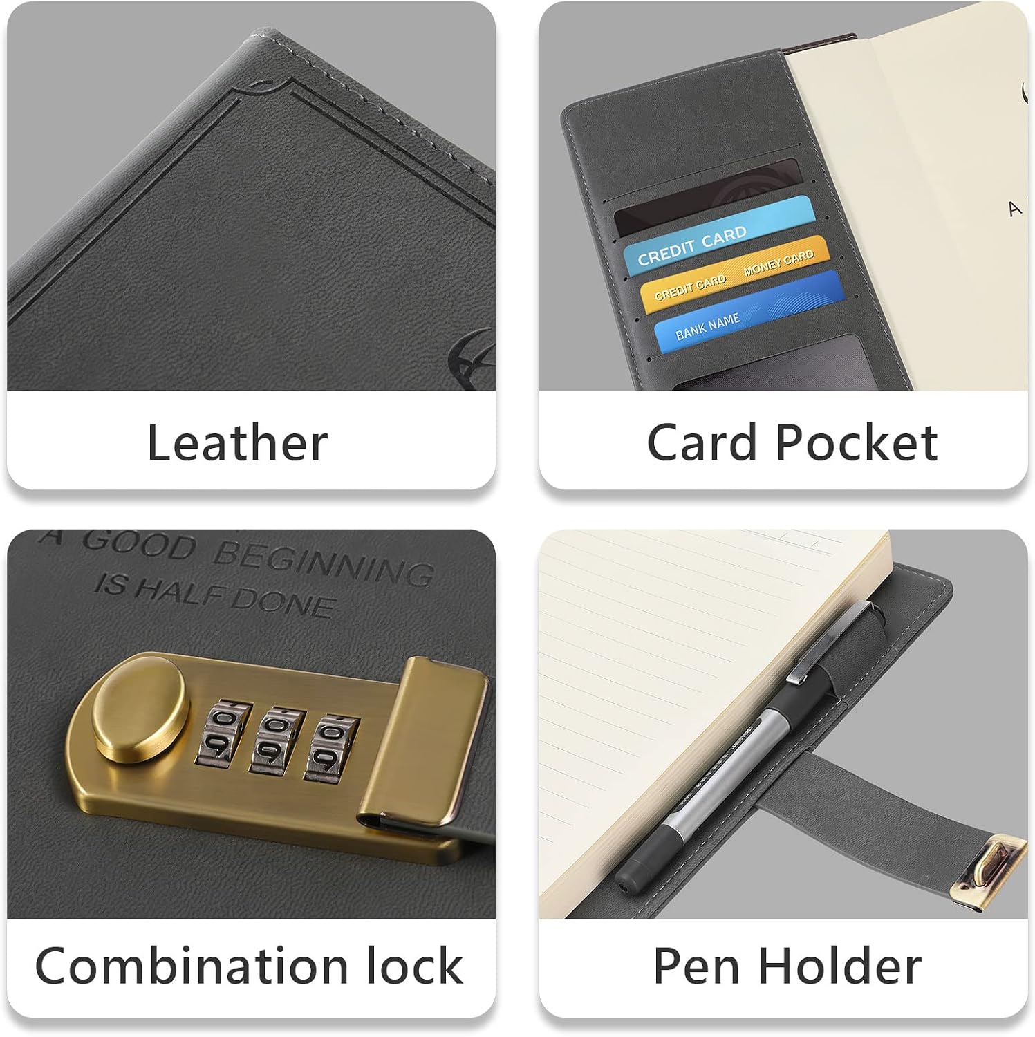 MOHOO Leather Lock Journal A5 Refillable Diary 300Pages Lockable Notebook with 120GSM Lined Paper, PU Leather, Back Pocket 8.7x5.9 inches for Men Women Gray