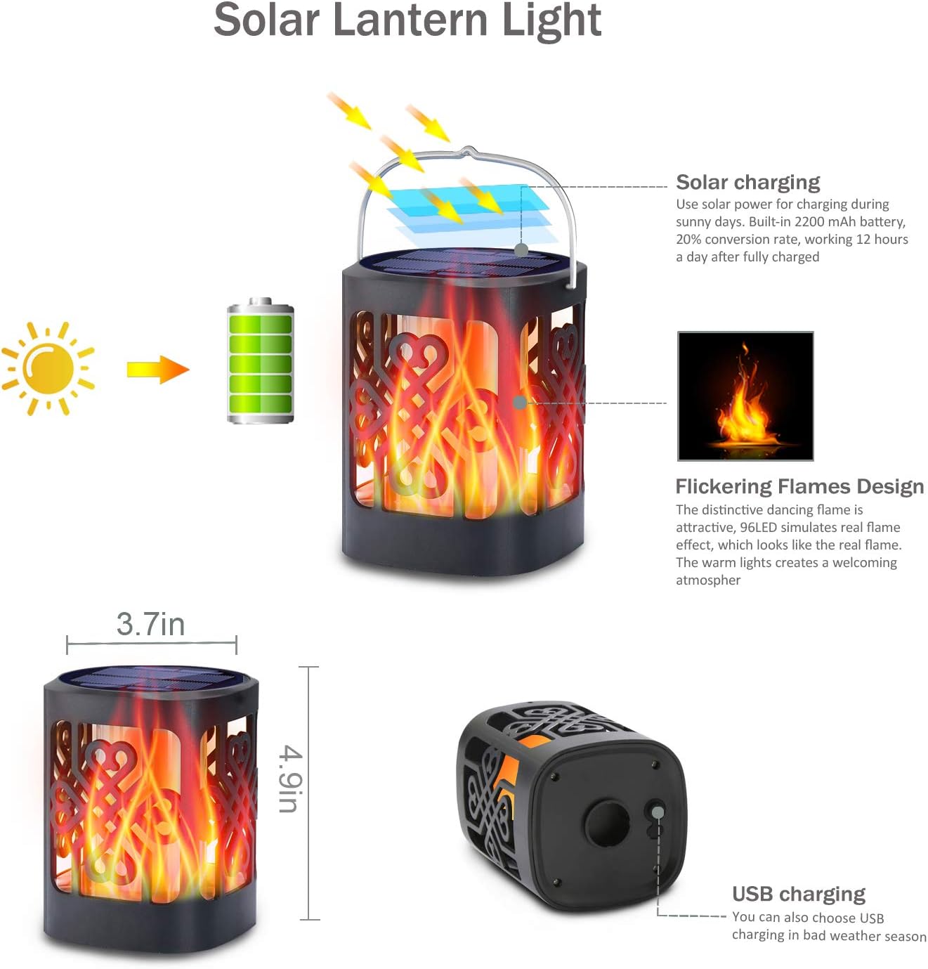 Aionarew Solar Flame Lantern, Outdoor Solar Hanging Flame Lantern, Solar Powered and USB Charging Lights, Waterproof LED Flame Umbrella Lights Decorative Lighting for Patio Yard Deck Table,2 Pack - - 