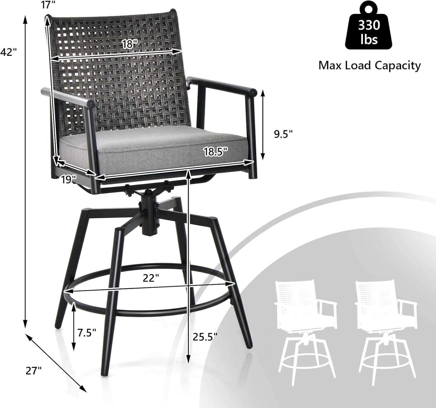 COSTWAY Patio Swivel Bar Stool Set of 2, Counter Height Bar Chair with Metal Frame, PE Rattan Backrest, Removable Padded Cushion & Footrest, Outdoor Patio Bistro Set, Black (2)
