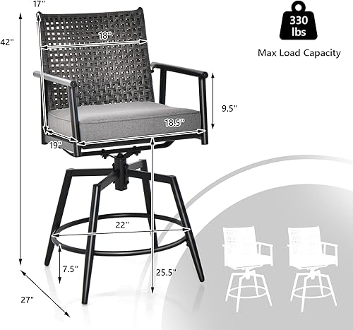Miniatura 3 de COSTWAY Juego de 2 taburetes de bar giratorios para patio, silla de bar con marco de metal, respaldo de ratán de polietileno, cojín acolchado