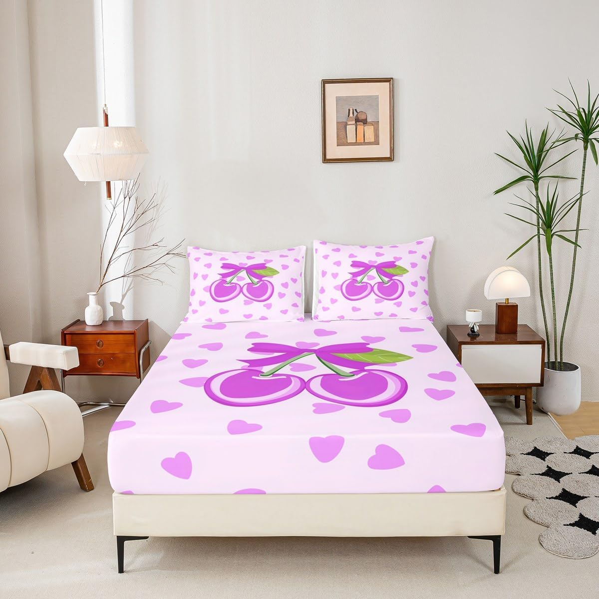 Kawaii Oriental Cherry Kids Fitted Sheet Twin Size Girls Princess Bed Sheet Set for Boys Girls Teens Bedroom Decor Hearts Bedding Set Cute Fruit Breathable Soft Lightweight Microfiber 2Pcs
