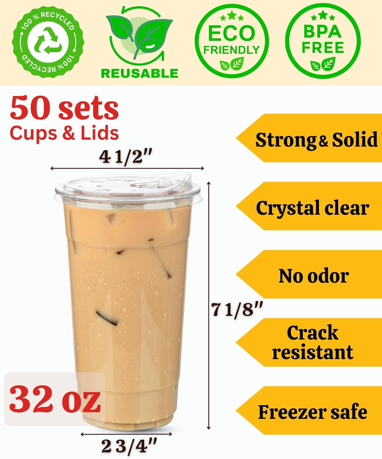 32 oz Clear Plastic Cups with Lids, 50 Sets Disposable Plastic Iced Coffee Cups with Strawless Sip-Lids, To Go Coffee Cup for Smoothie, Milkshake, Cold Drinks - Image 4