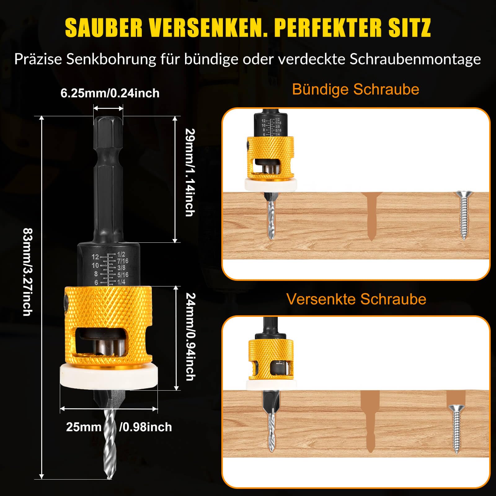 Mtchavno Verzinkboor set 5-delig, verzinkboor met diepteaanslag, boorverzinkboor met 1/4 inch hex-schacht, van HSS-M2, nauwkeurige boringen, voor houtbewerking