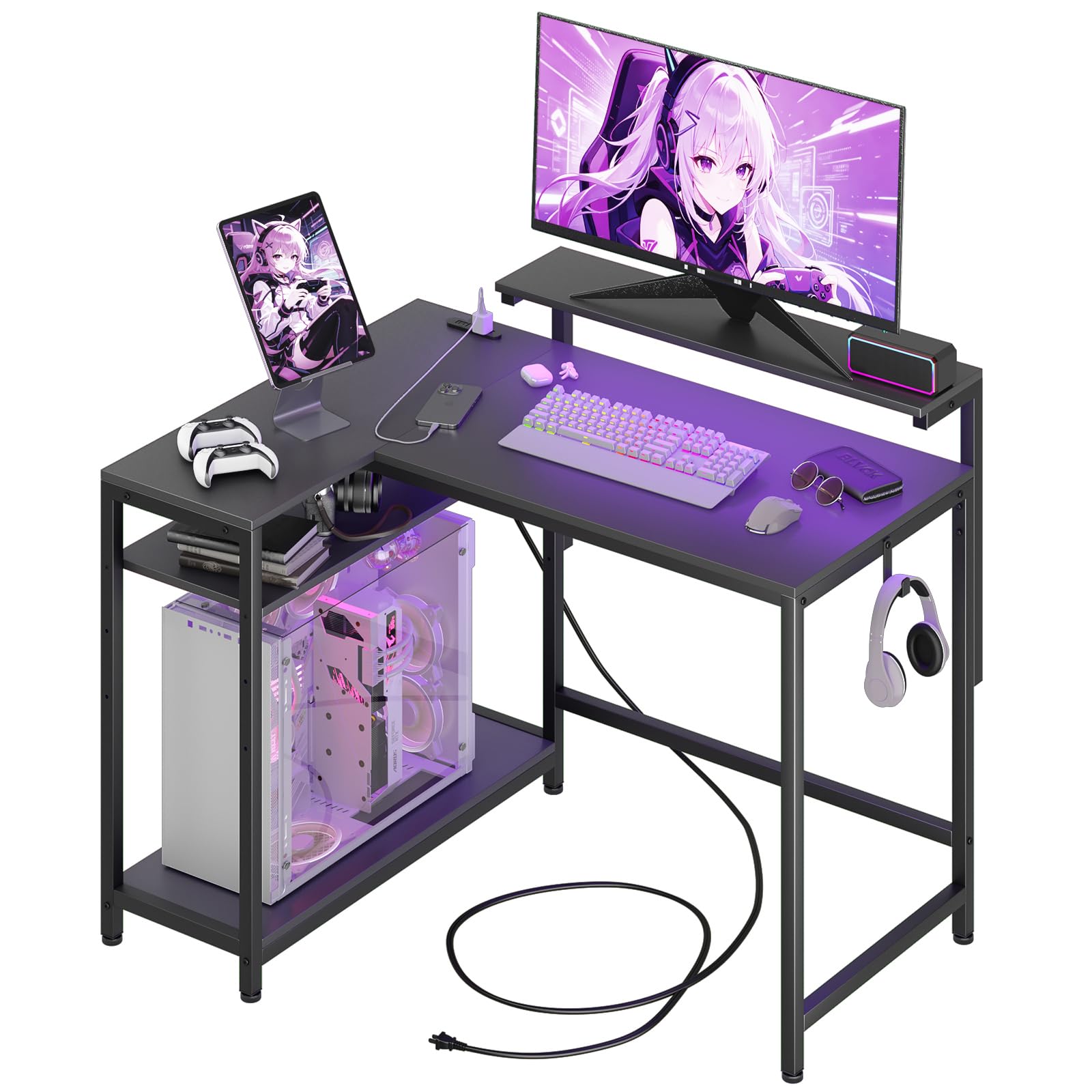 【モニター台1個付き・棚板高さ調節可能】LunarLight PCパソコンデスク 幅110奥行80高さ72㎝ コンセントとフック付き テレワーク