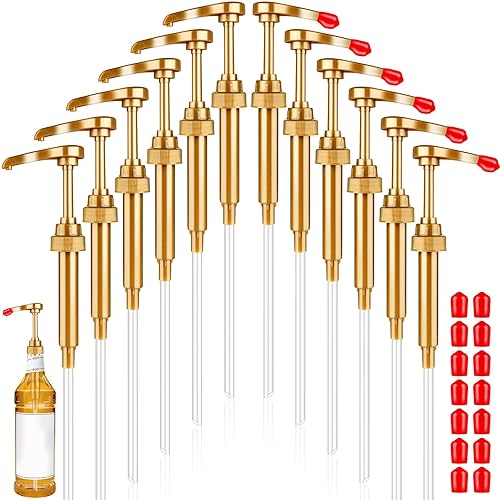 12 bombas de jarabe, bomba amarilla con 20 tapas rojas, bombas para botellas de jarabe, se adapta a botellas de 22.3 onzas líquidas, bombas para