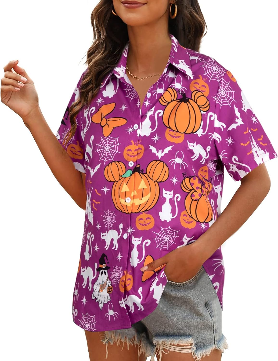Womens Halloween Hawaiian Shirt Cute Pumpkin Spooky Castle Graphic Tee Magical Halloween Short Sleeve Button Up Tops - Image 4