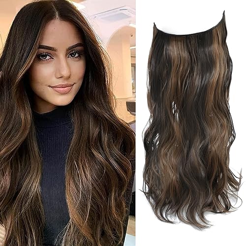 Extensiones de cabello invisible secreto color marrón oscuro con reflejos castaño caoba extensiones de cabello ondulado natural de 20 pulgadas