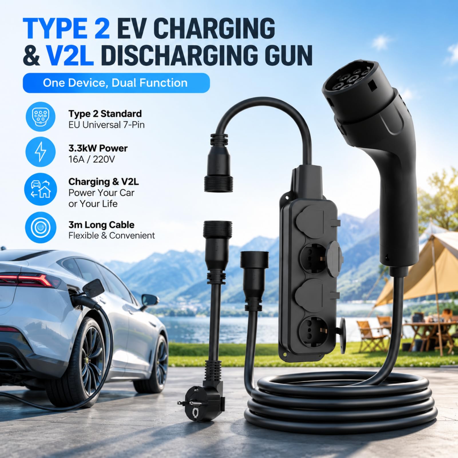 VOBOR Typ 2 Auf Schuko Adapter, 3,3KW 220V 16A Bidirektionales EV Ladegerät mit V2L Funktion,1-Zu-4-Europäischer Steckdosenverteiler, 3M Entladekabel Stecker Fahrzeug Zum Laden Entlader