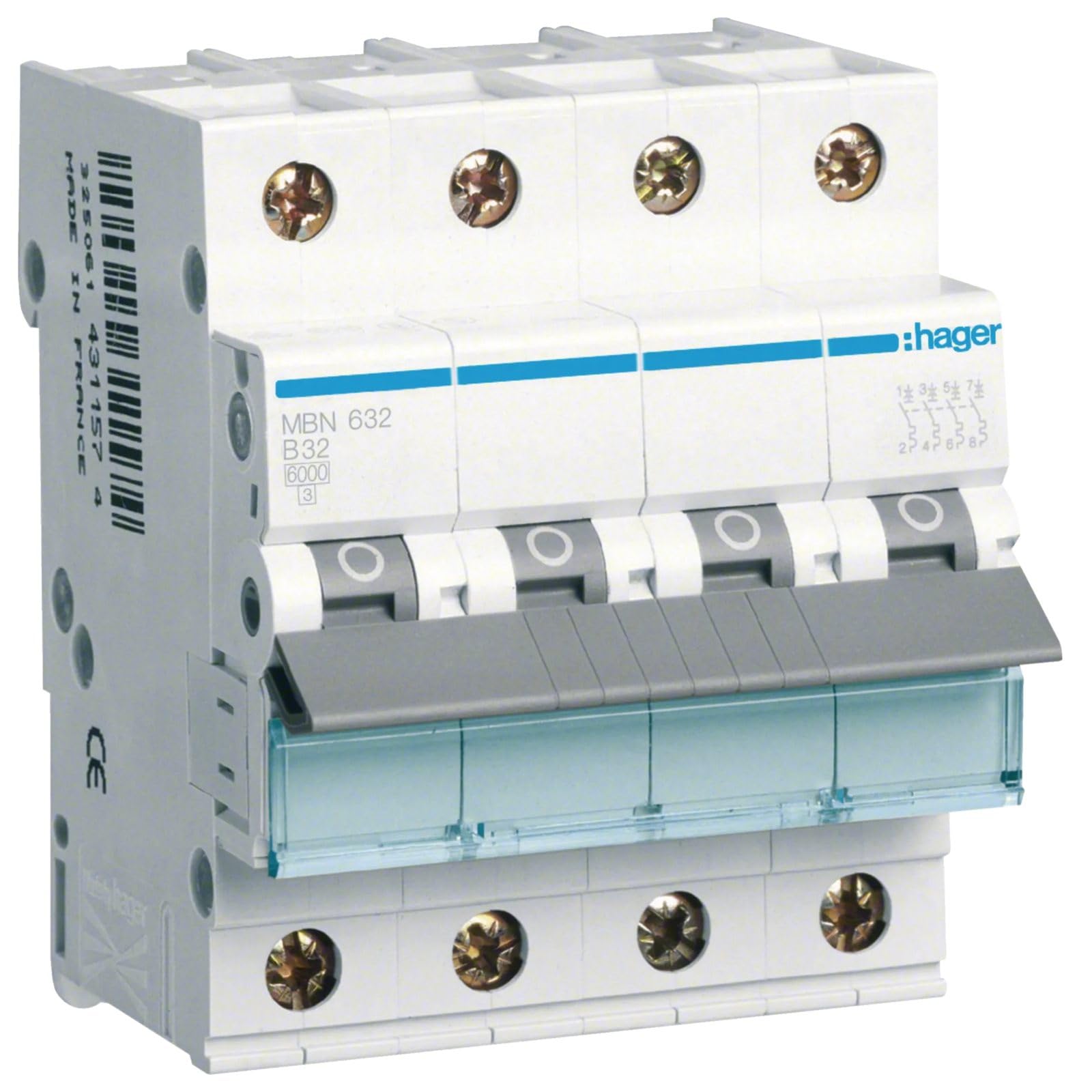 Hager MBN632 b-Type 4P 4 Module (S) Short Circuit – kurz Schaltungen (32 A, 70 mm, 70 mm, 83 mm, 25 – 60 °C,-25 – 80 °C)