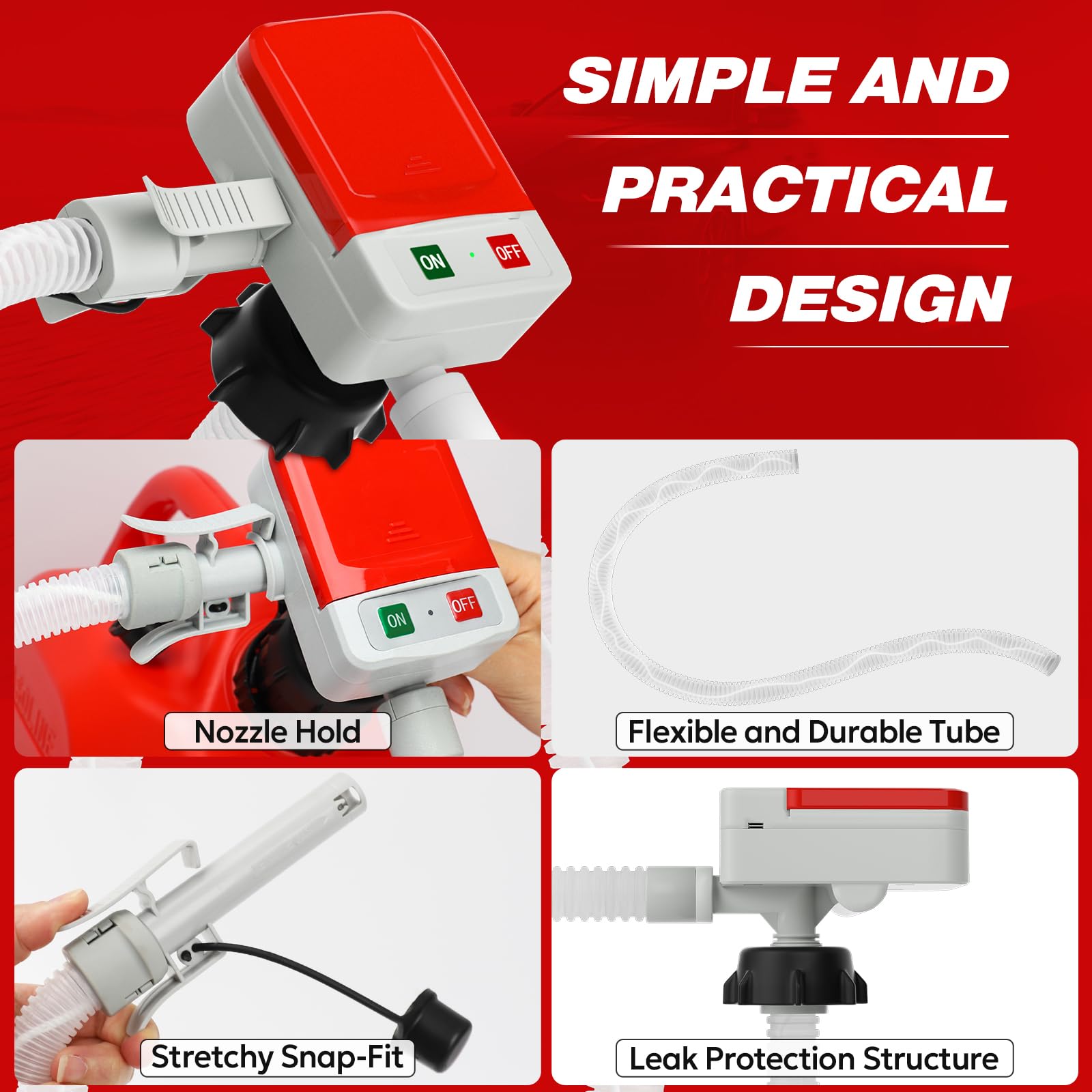 KEIMI Portable Fuel Transfer Pump with Auto-Stop, 3.2 Gallon per Min, 51" Extra Long Hose, Battery & USB Powered, 4 Can Adapters, Leak-proof Gas Pump for Oil, Diesel and Gasoline - 5