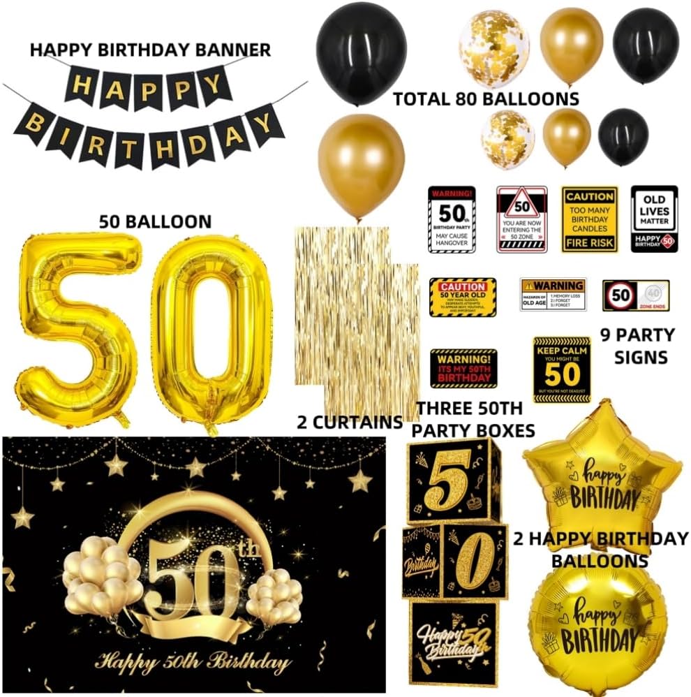 50th Birthday Party Decorations to 50 Years Old Party Supplies for Men with Balloons Garland kit, 50th Birthday Backdrop, Happy Birthday Banner, Foil Balloons and Curtains - Image 2