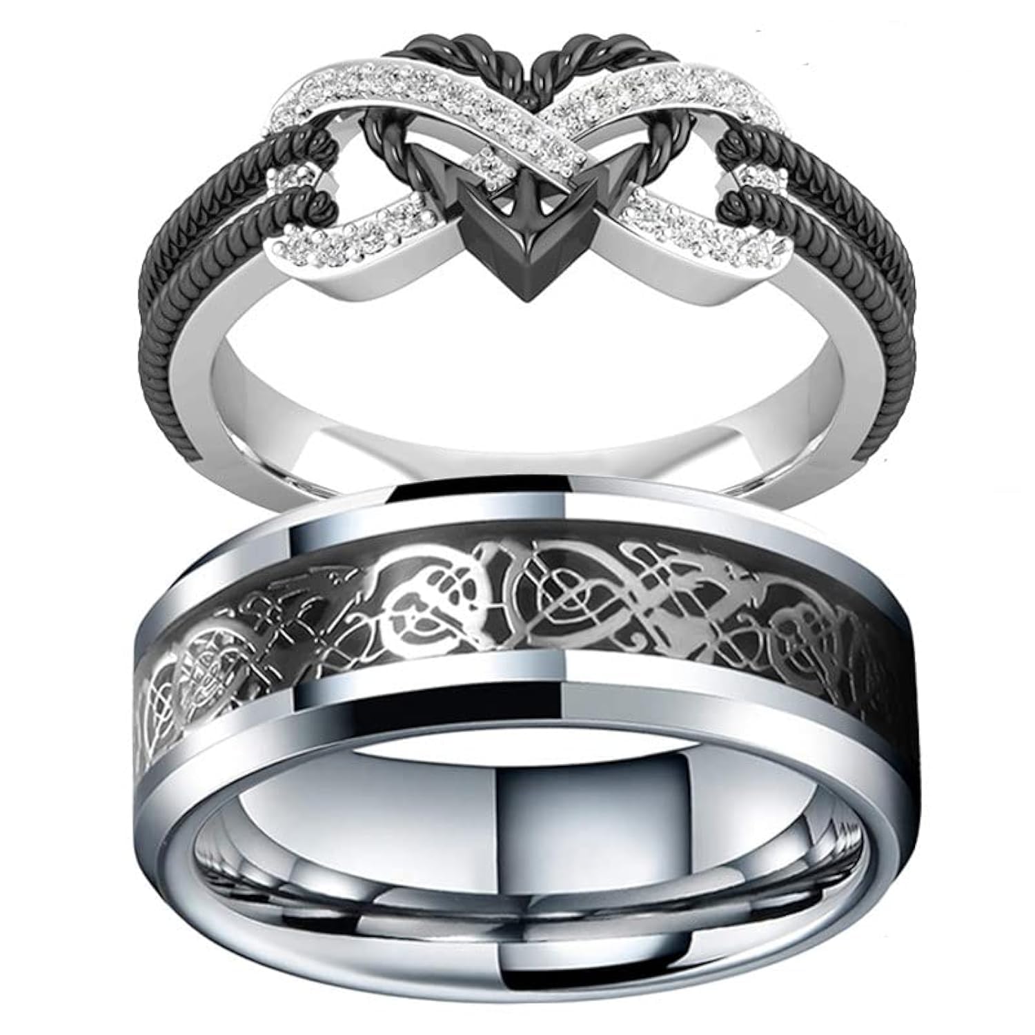Infinite Love Heart Shaped Ring Set for Her and Him Silver Celtic Dragon Ring Matching Lover Couple Rings for Wedding Bands Anniversary Engagement
