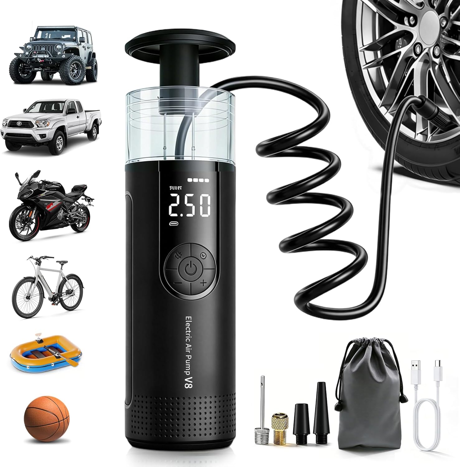 Cordless Tire Inflator Portable Air Compressor – 150 PSI, 35s Fast Inflation, Auto-Shutoff, LED Light, 2000mAh Battery, Digital Gauge – Car Bike Motorcycle Ball Pump with Hose Storage