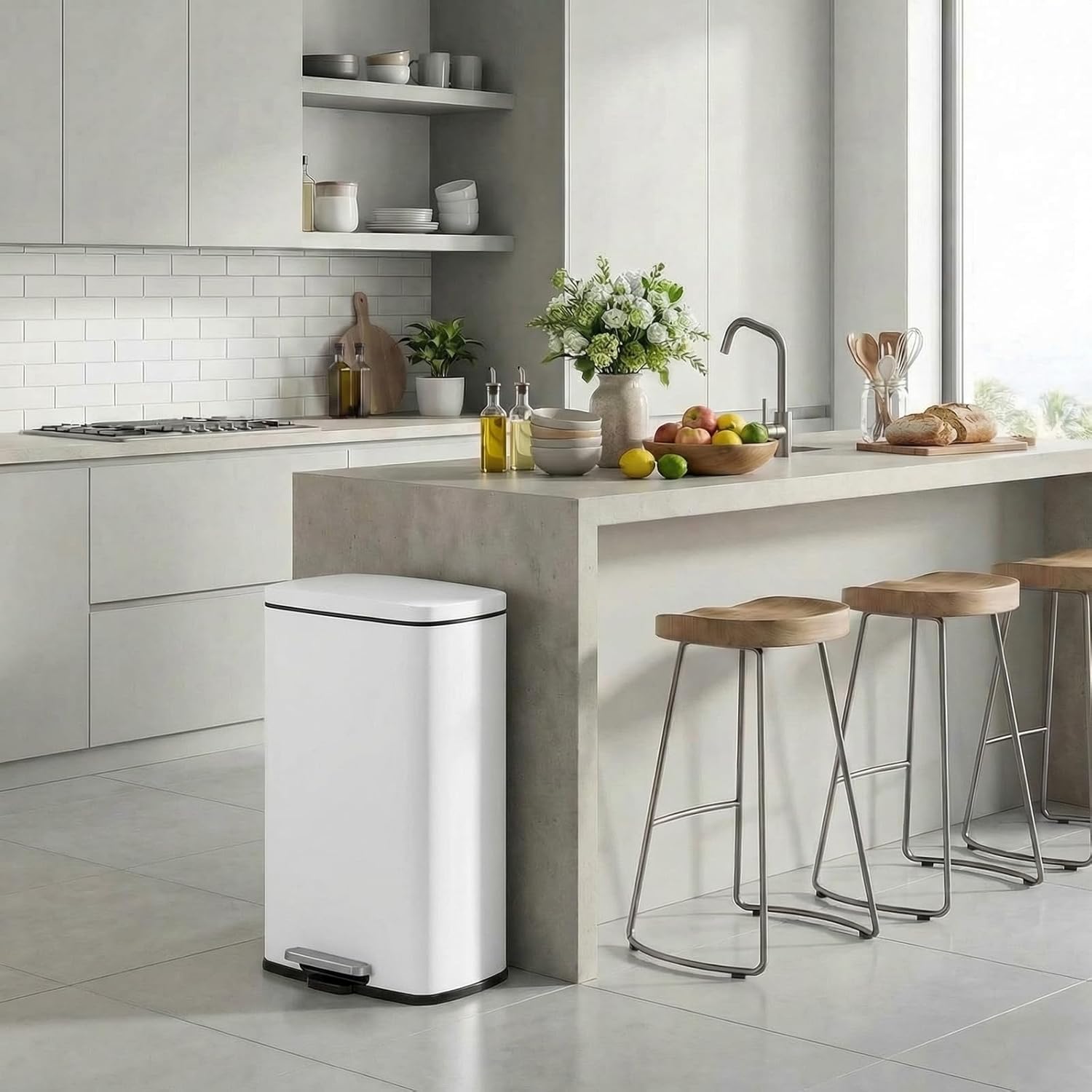 8 Gal Kitchen Trash Can, 30L Recycling or Garbage Bin, Brushed Stainless Steel Waste Basket, Soft&Quiet Close Dustbin, with Step-On Pedal, Removable Inner Bucket, for Home, Office, Living Room