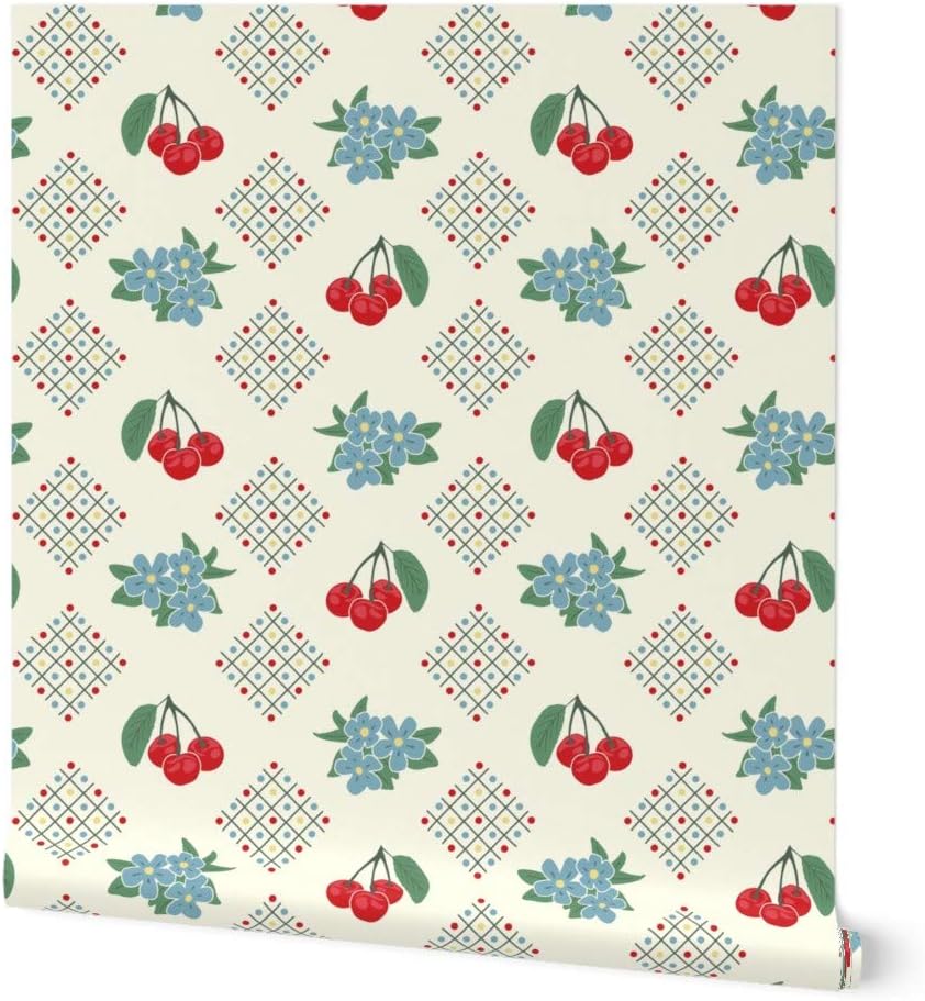 Peel & Stick Wallpaper 3ft x 2ft - 1940S Style Kitchen Cherry Large Print Flowers Retro Floral Vintage Decor Geometric Custom Removable Wallpaper by Spoonflower