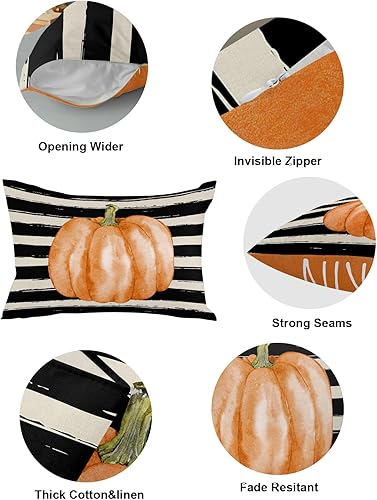 Miniatura 6 de Juego de 2 fundas de almohada decorativas de otoño de 20 x 12 pulgadas, diseño de calabaza con texto en inglés "Hello Pumpkin", fundas de cojín