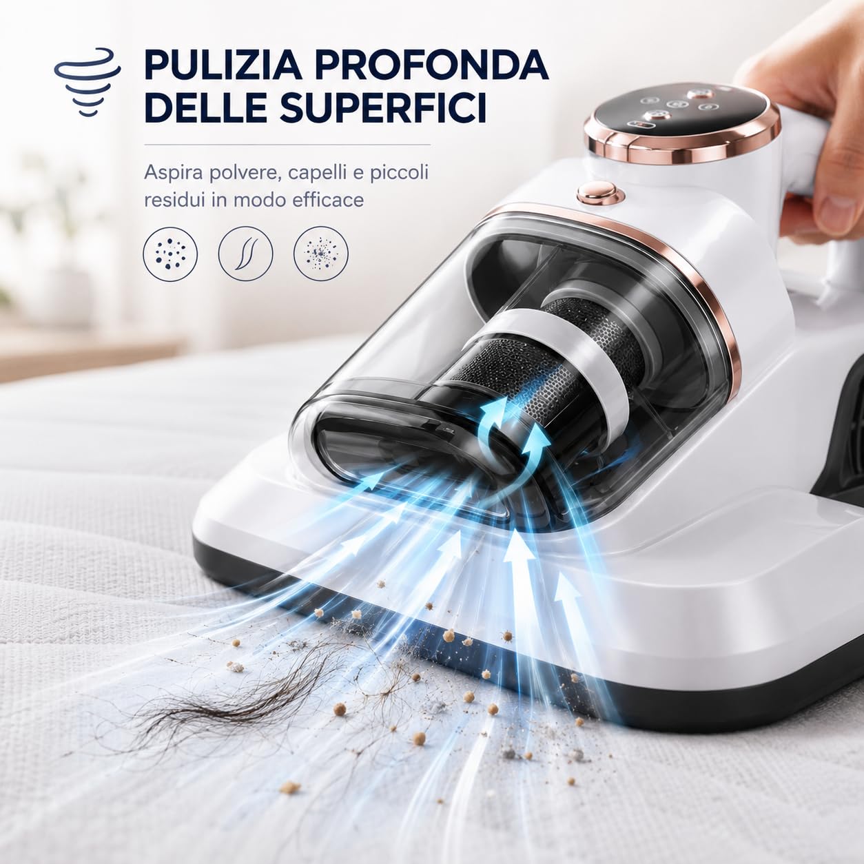 Aspirapolvere per Materassi e Tessuti, Aspiratore Portatile con Contenitore Trasparente e Filtro, Pulitore Compatto per Letto, Divano, Cuscini e Tessuti, Design Ergonomico