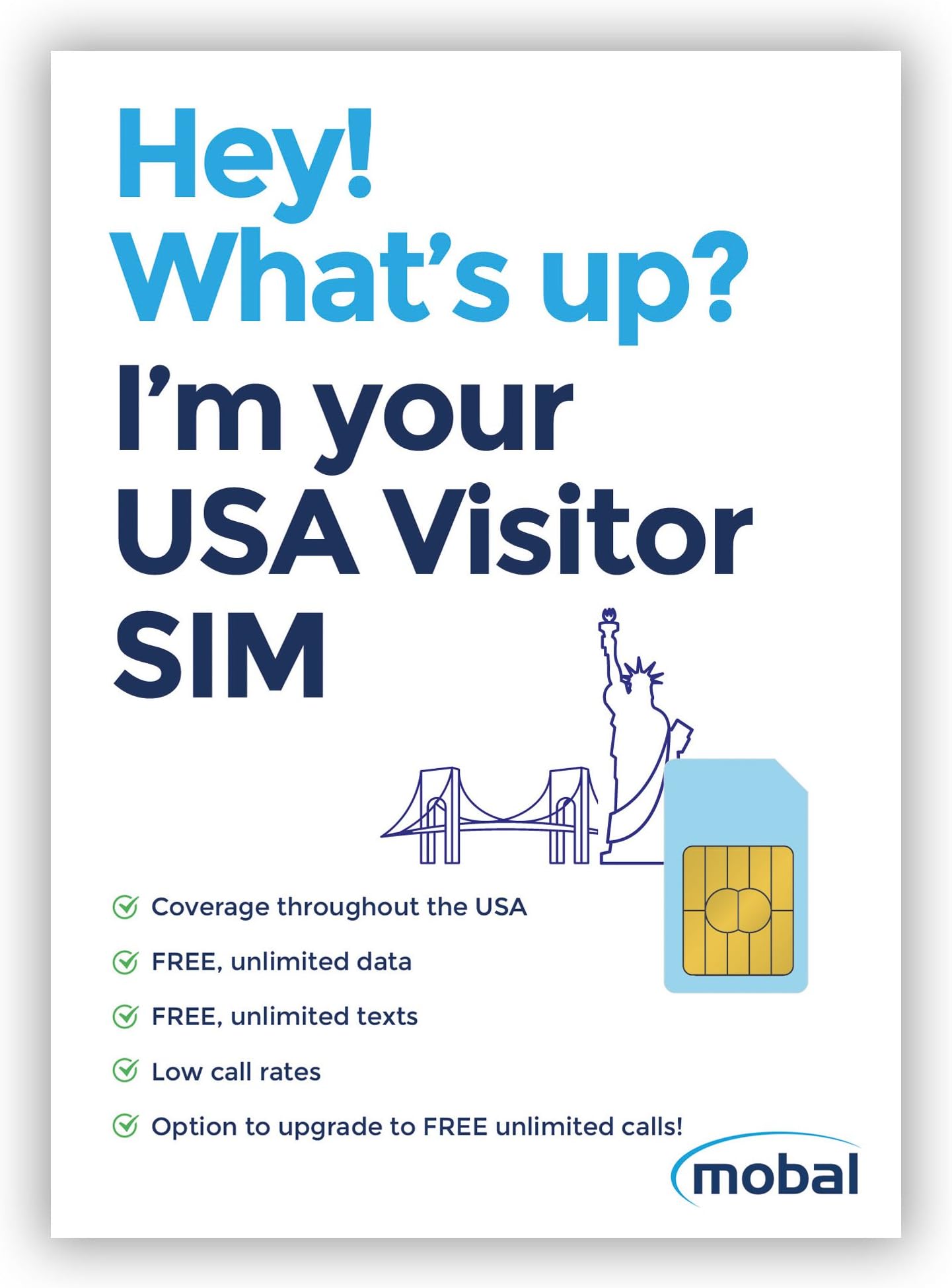 Mobal USA Visitor SIM Card, Unlimited Data and Texts, No Contract