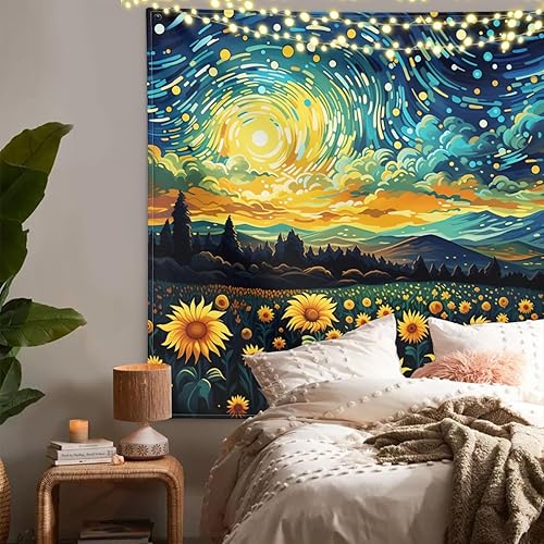 Miniatura 4 de XIGUAGUO Tapiz estrellado de girasol para dormitorio, decoración estética, para colgar en la pared del hogar