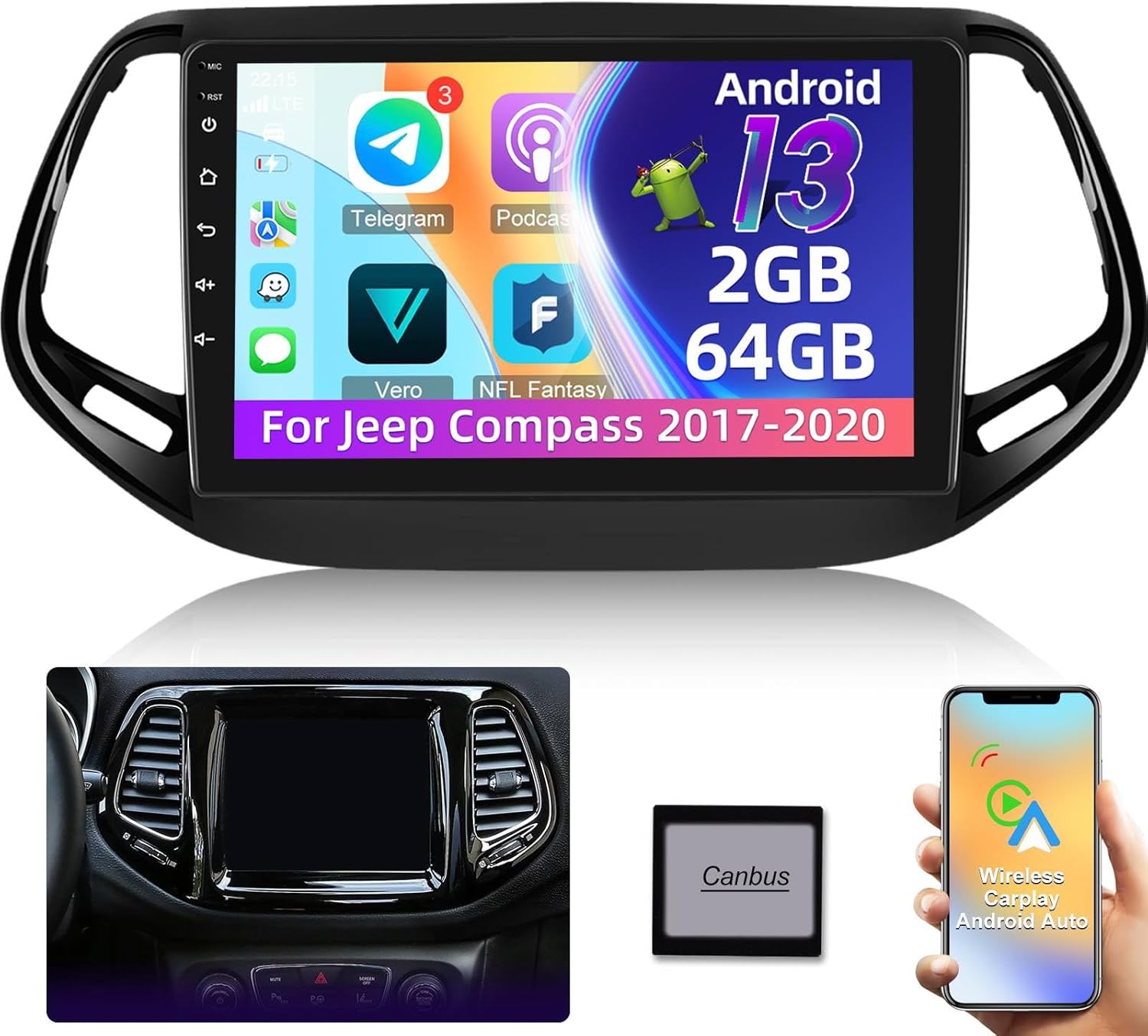 [2G+64G] for Jeep Compass 2017 2018 2019 2020 Android Radio - Wireless Carplay and Android Auto, 10.1 inch HD Touchscreen Compass Stereo - 5G/WiFi, GPS Navigation,SWC + AHD Backup Camera + Canbus