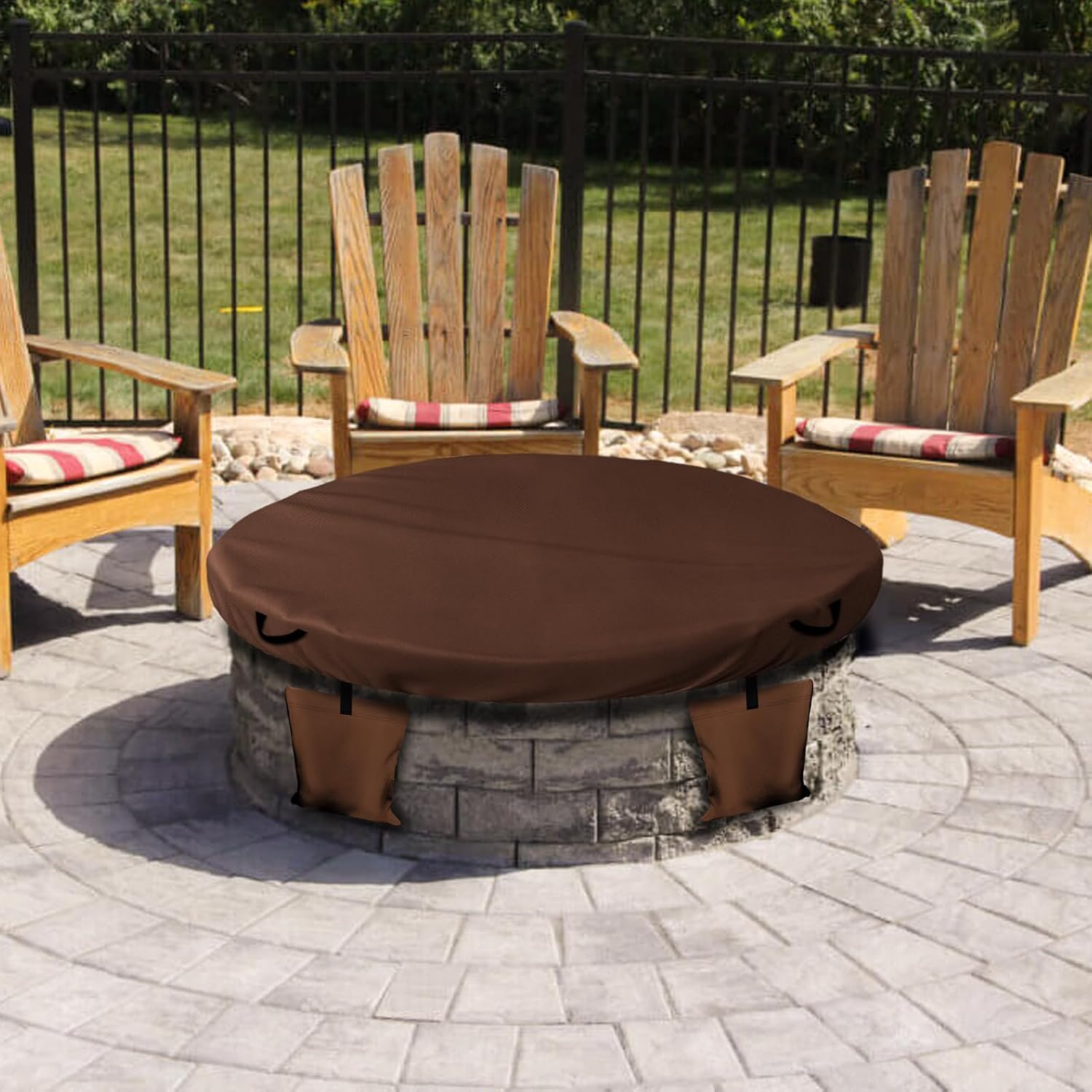 Outdoor Round Built In Fire Pit Cover,Heavy Duty 600D Waterproof Large Round Built In Stone Firepits Cover for 52"-56"W Stone Fire Pit and In Ground Firepit(Only Cover,Brown)