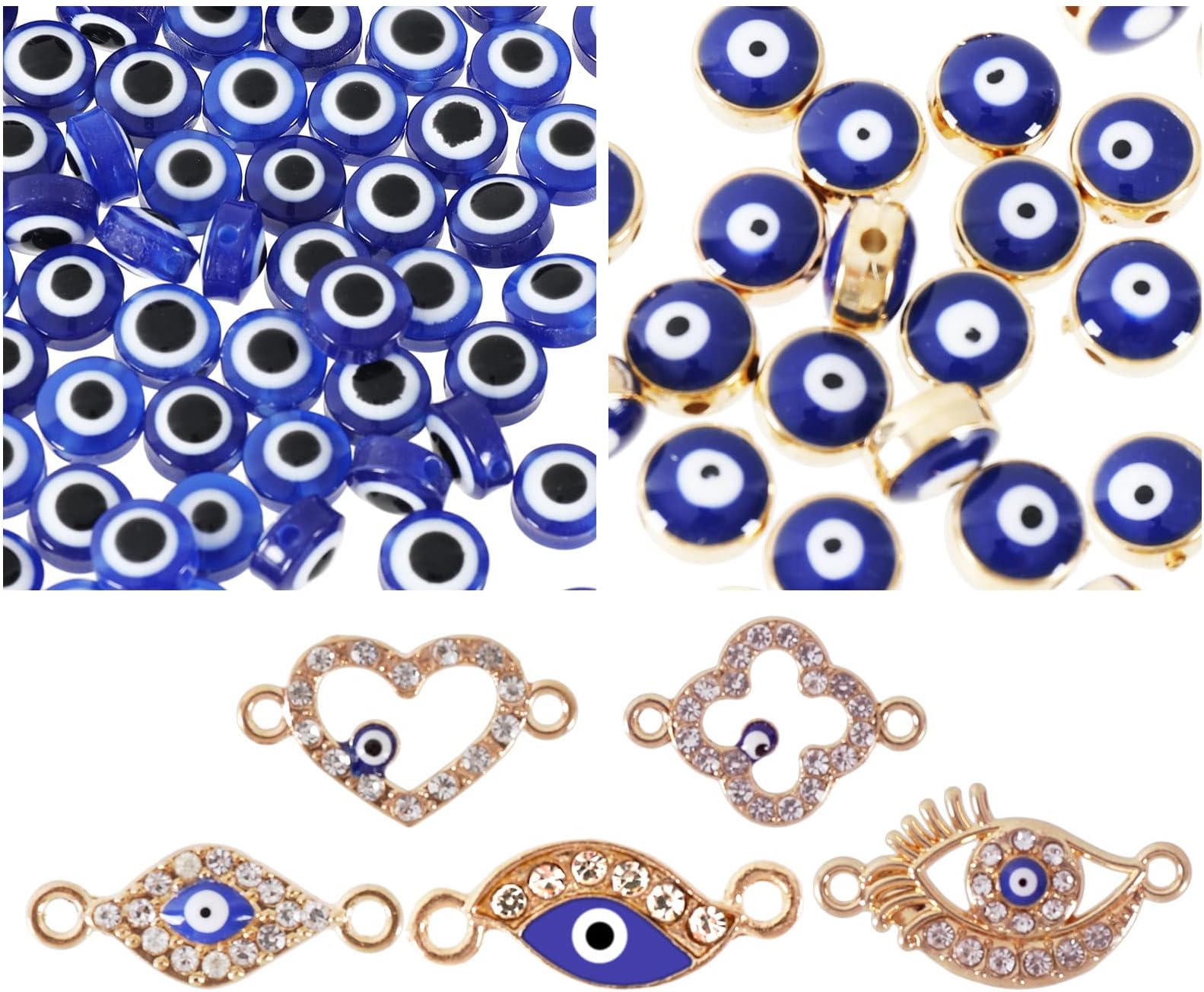 Whaline 105Pcs Blue Evil Eye Beads Evil Eye Charms Kits with Elastic Rope Eyeball Beads Rhinestone Diamond Evil Eye Charms Greek and Turkish Eye Beads for DIY Earring Necklace Bracelet Jewelry Craft