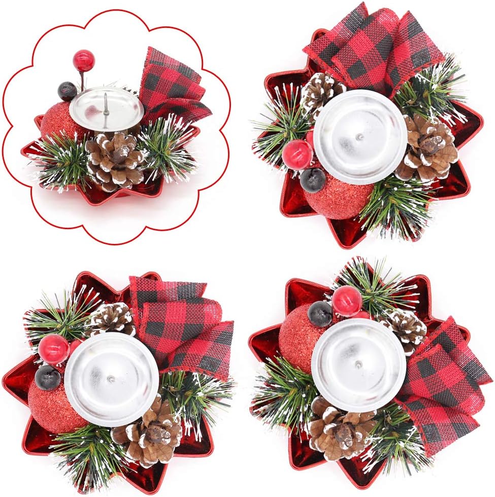 3 PCS Christmas Candle Holder, Frosted Pine Cone Red Ornaments Candle Sticks Decorative Red Berries Ribbon Bow, Holiday Candlelight Stand for Xmas Dining Room Decoration Display Home Decor