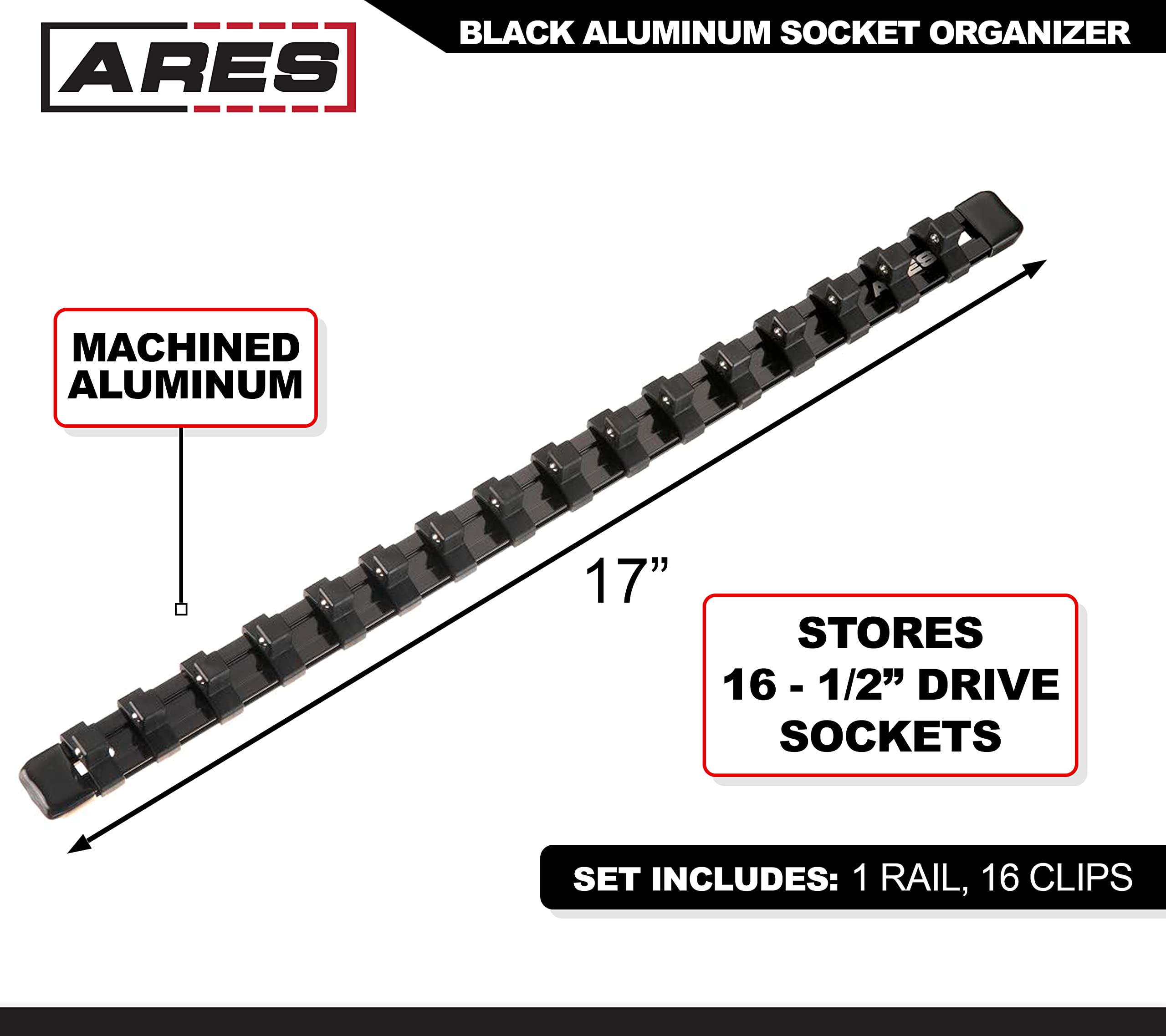 ARES 70086 - Riel de enchufe negro de 1/5.1 cm | Número de pieza: 70086; almacena hasta 16 enchufes y mantén tu caja de herramientas organizada