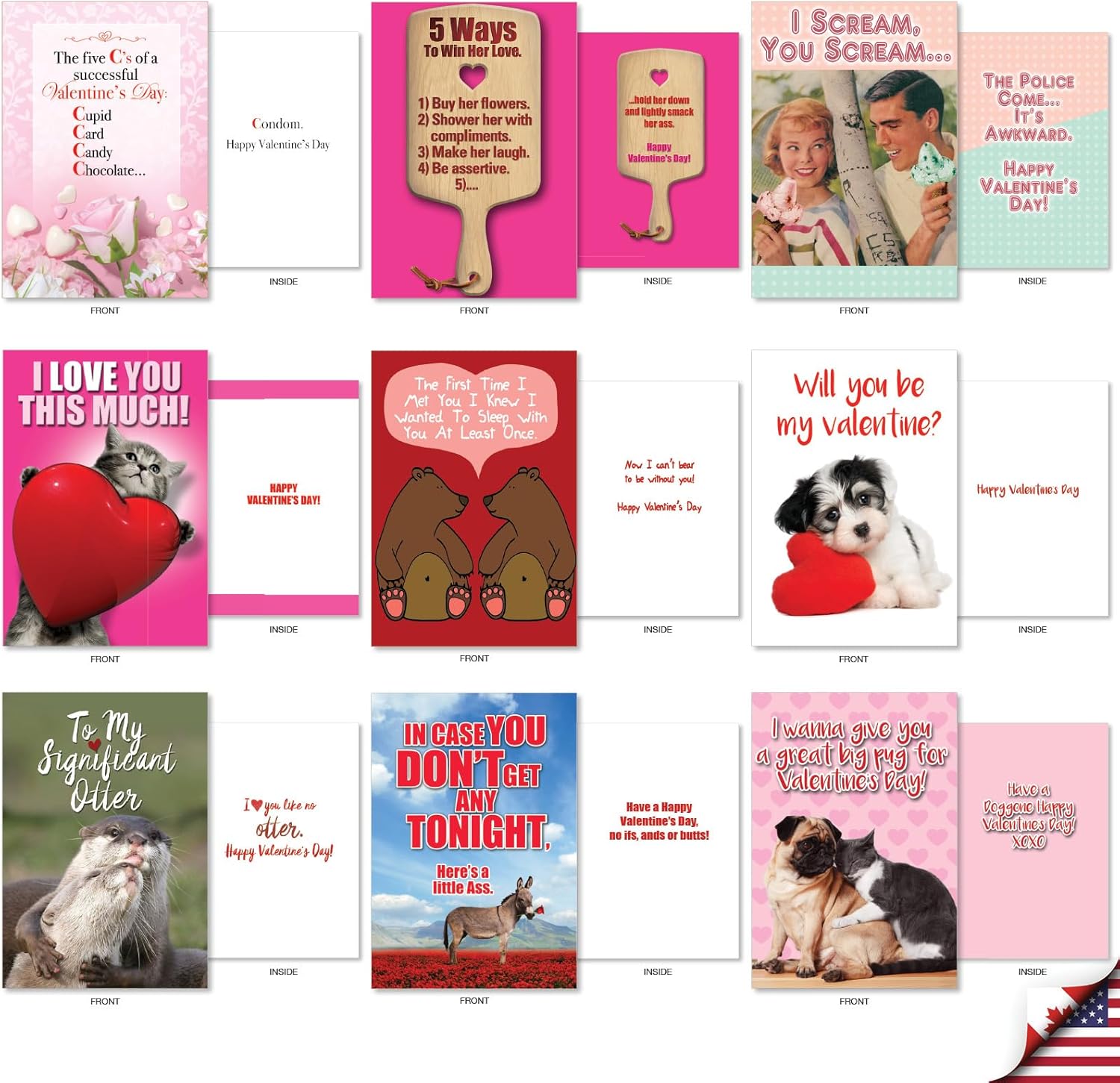 NobleWorks 36 Assorted Box Set Humorous Valentine's Day Greeting Cards w/ 5 x 7 Inch Envelopes For Men, Women, and Couples (36 Designs, 1 Each) Love Is Funny AC10882VDG-B1x36