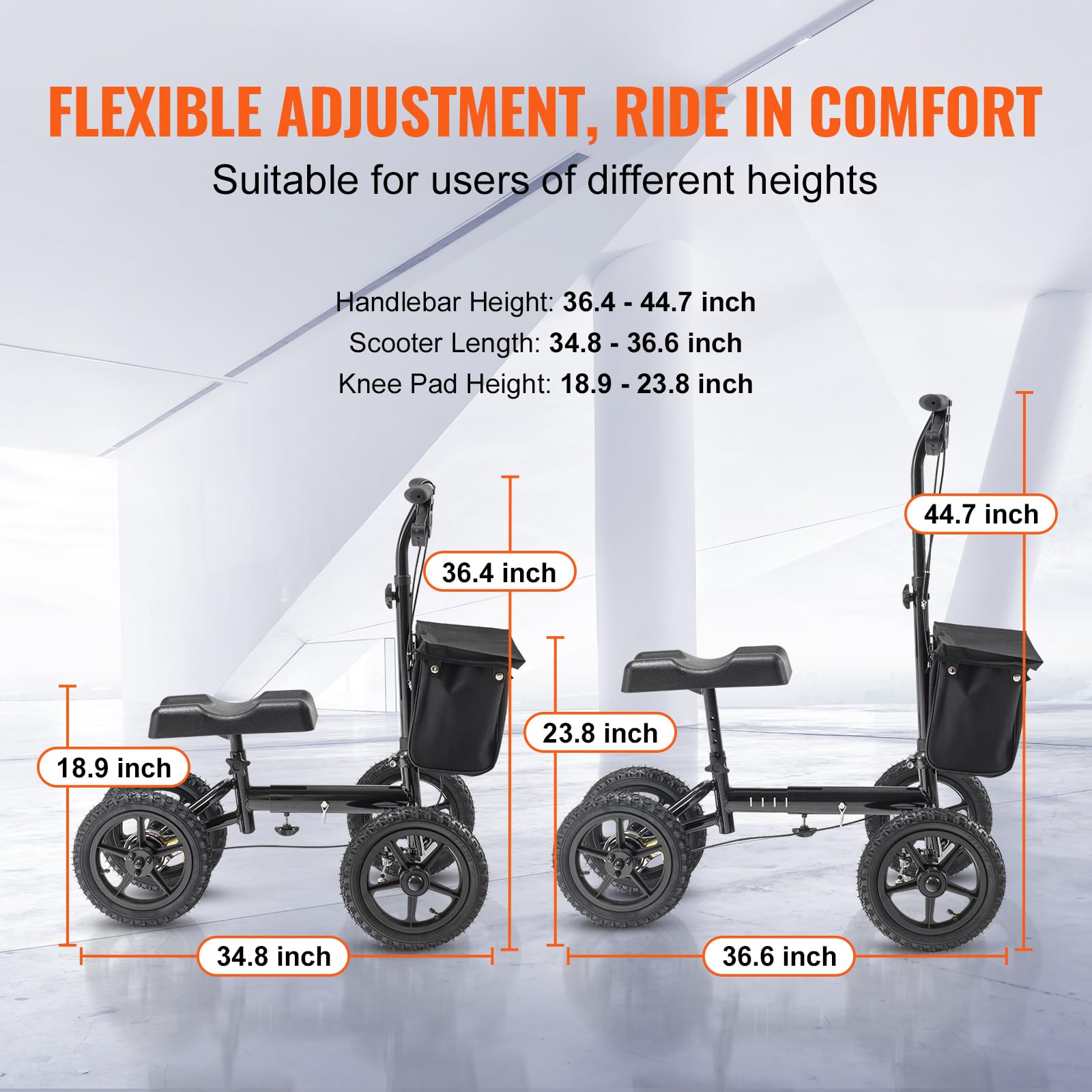 VEVOR Patinete de Rodilla Plegable, Andador de Rodilla Orientable de Aluminio con Manillar Ajustable en Altura y Rodillera, Frenos Dobles, Recuperación de Piernas para Lesiones, 160 kg, Negro