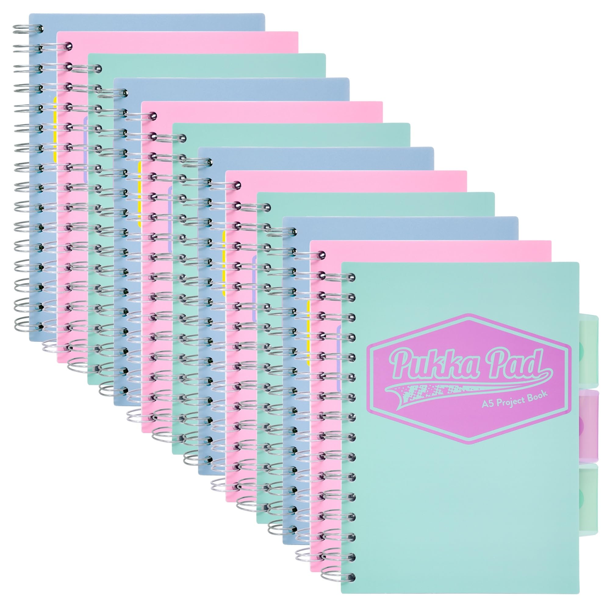 Pukka Pad Pastel A5 Project Books - Pack of 12 - Wirebound Subject Notebooks with 3 Repositionable Dividers & Storage Pockets - 200 Pages of 80GSM Perforated Paper with Ruled Lines - Assorted Colours