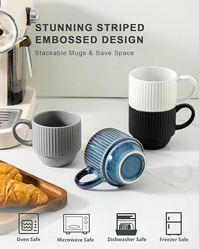 Vista 118 de Hasense Juego de 4 tazas de café de cerámica con soporte, 15 onzas, apilables, grandes, de porcelana, acanaladas, para capuchino, té, cacao