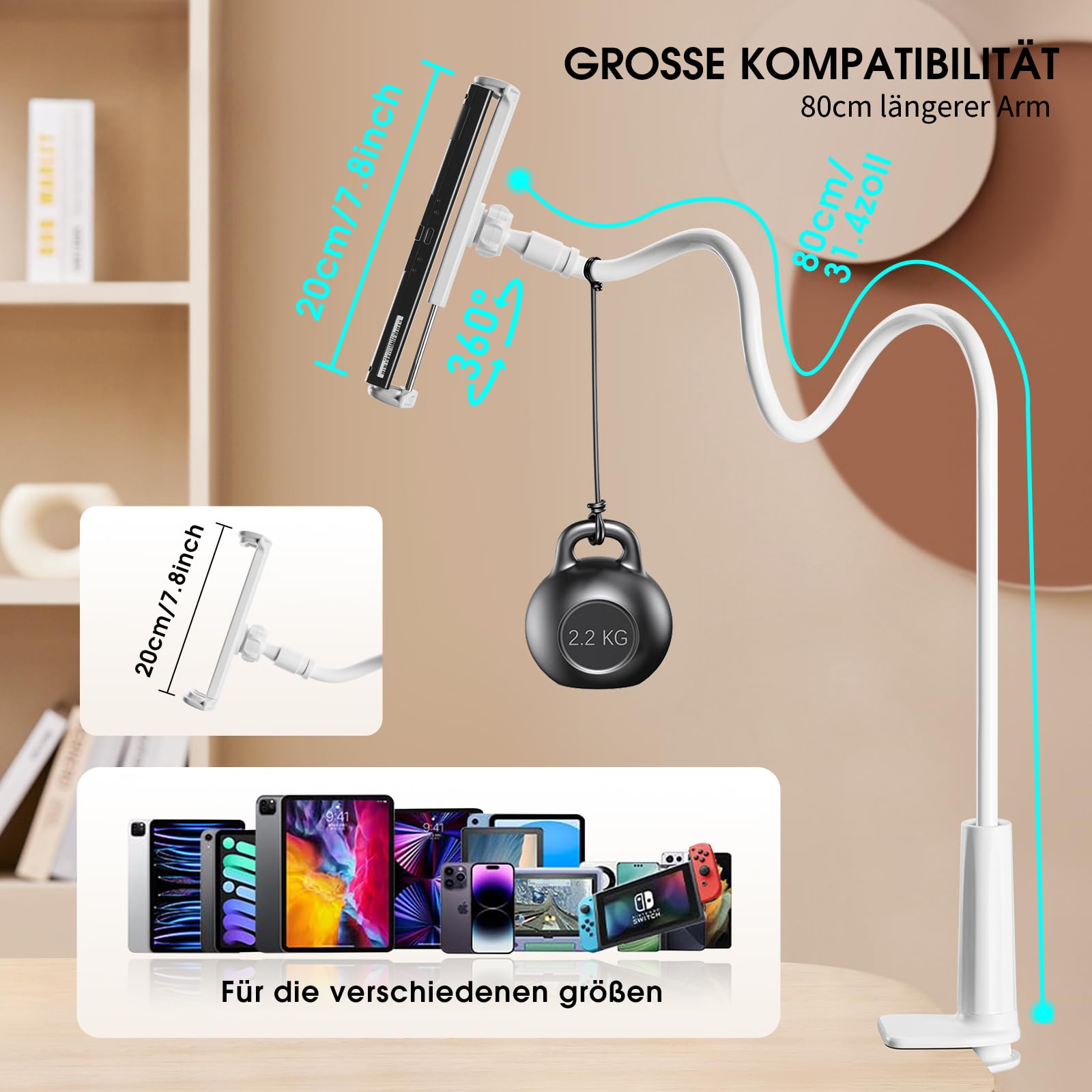 Nintendo Switch Schwanenhals Tisch Halterung, 360° Drehbarer Handyhalterung für Tisch/Bett, Kompatibel mit Switch, iPad 7/8/9 Air, Phone, Geräte 3,5-11 Zoll