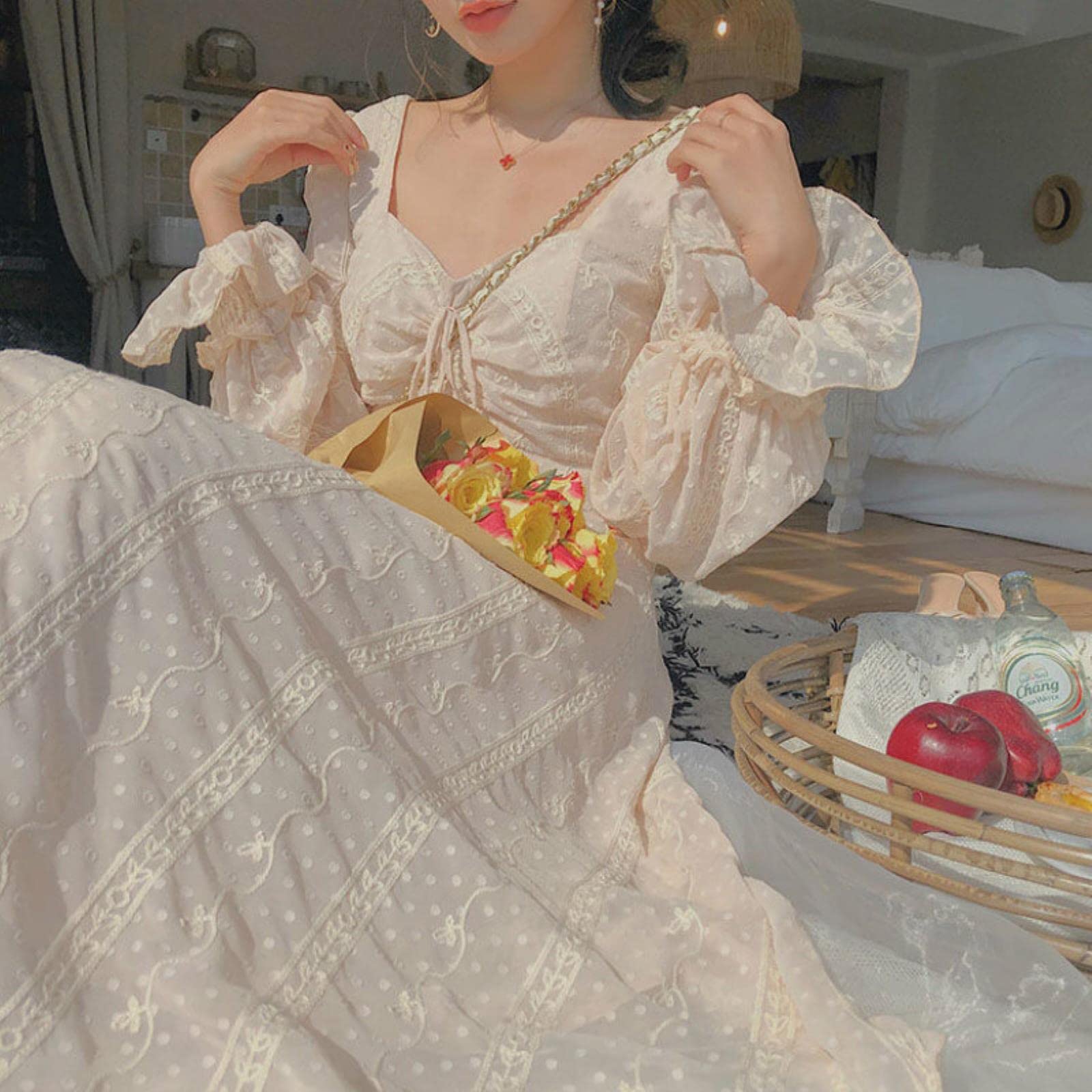 Vintage Fairy Dress Women Elegant Designer Chiffon Dress Long Sleeve French  Party Midlength Clothing Casual Women's Autumn-White,S : Amazon.nl: Fashion
