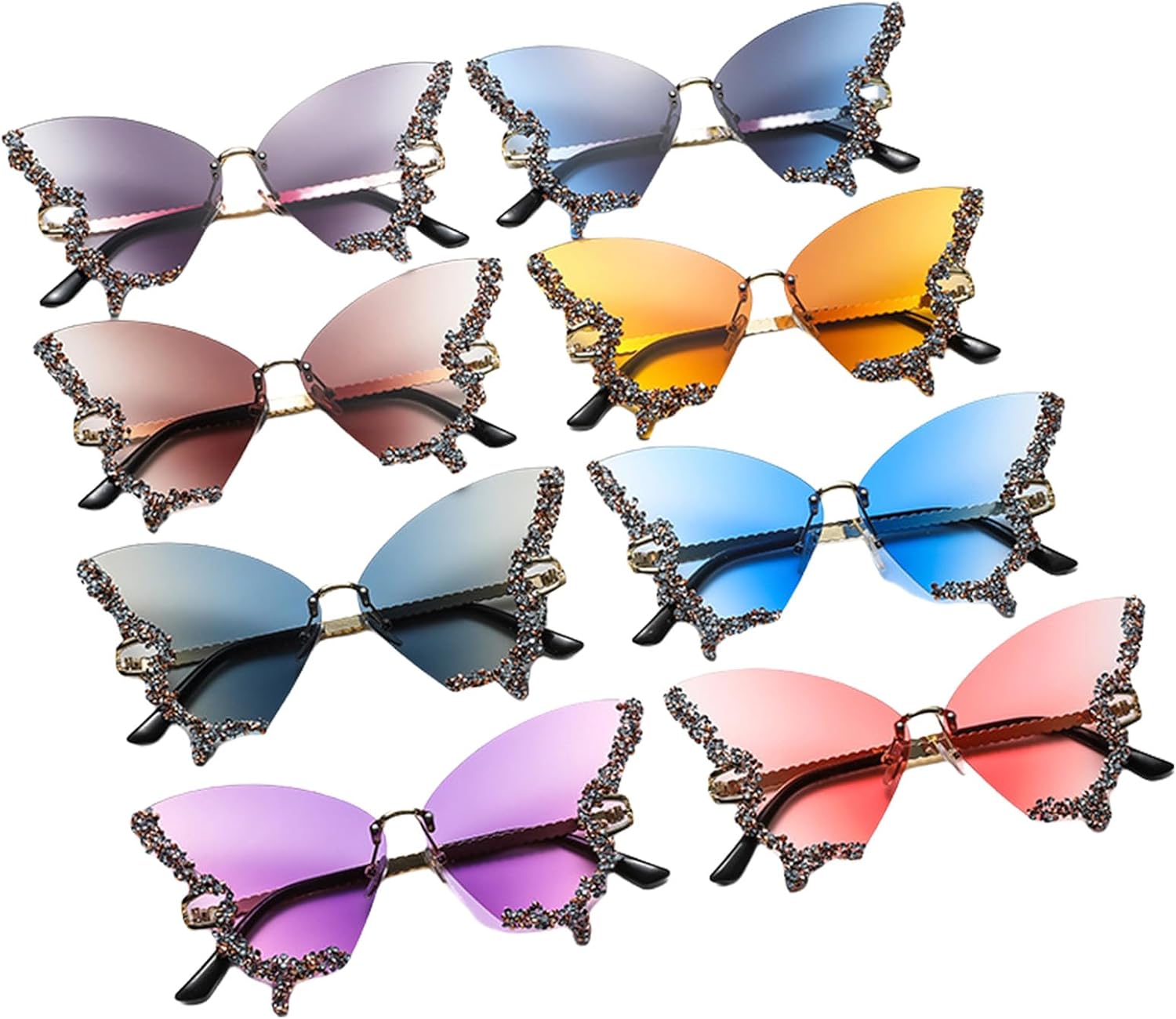 8pcs Creative butterfly glasses, runway runway decorative glasses, large frame with diamonds colorful sunglasses, model exaggerated sunglasses