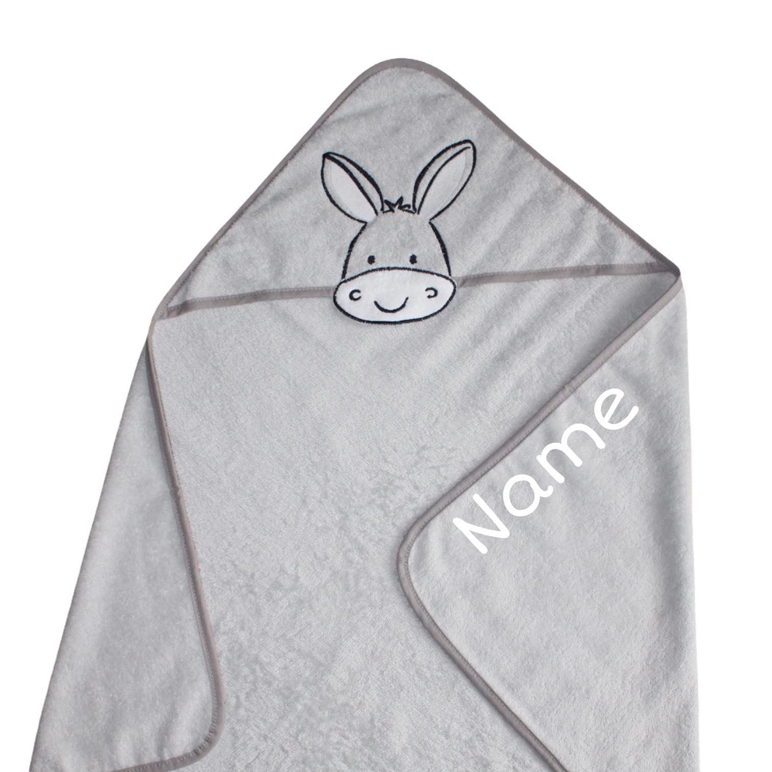 Baby Geschenk Set | personalisiert | Kapuzenhandtuch Baby 80x80 cm + Waschlappen Baby + Baby Lätzchen | Baby Erstausstattung | Pflegeset | personalisierte Geschenke Baby (Esel Grau)