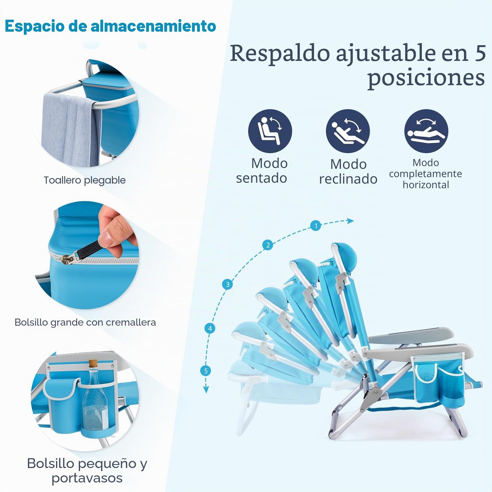 KOMFOTTEU Silla de Playa Plegable, Silla de Camping con Respaldo Ajustable en 5 Posiciones, Silla Portátil con Reposacabezas, Tumbona con Bolsillo Lateral, Carga de 150 kg (Azul x 1)